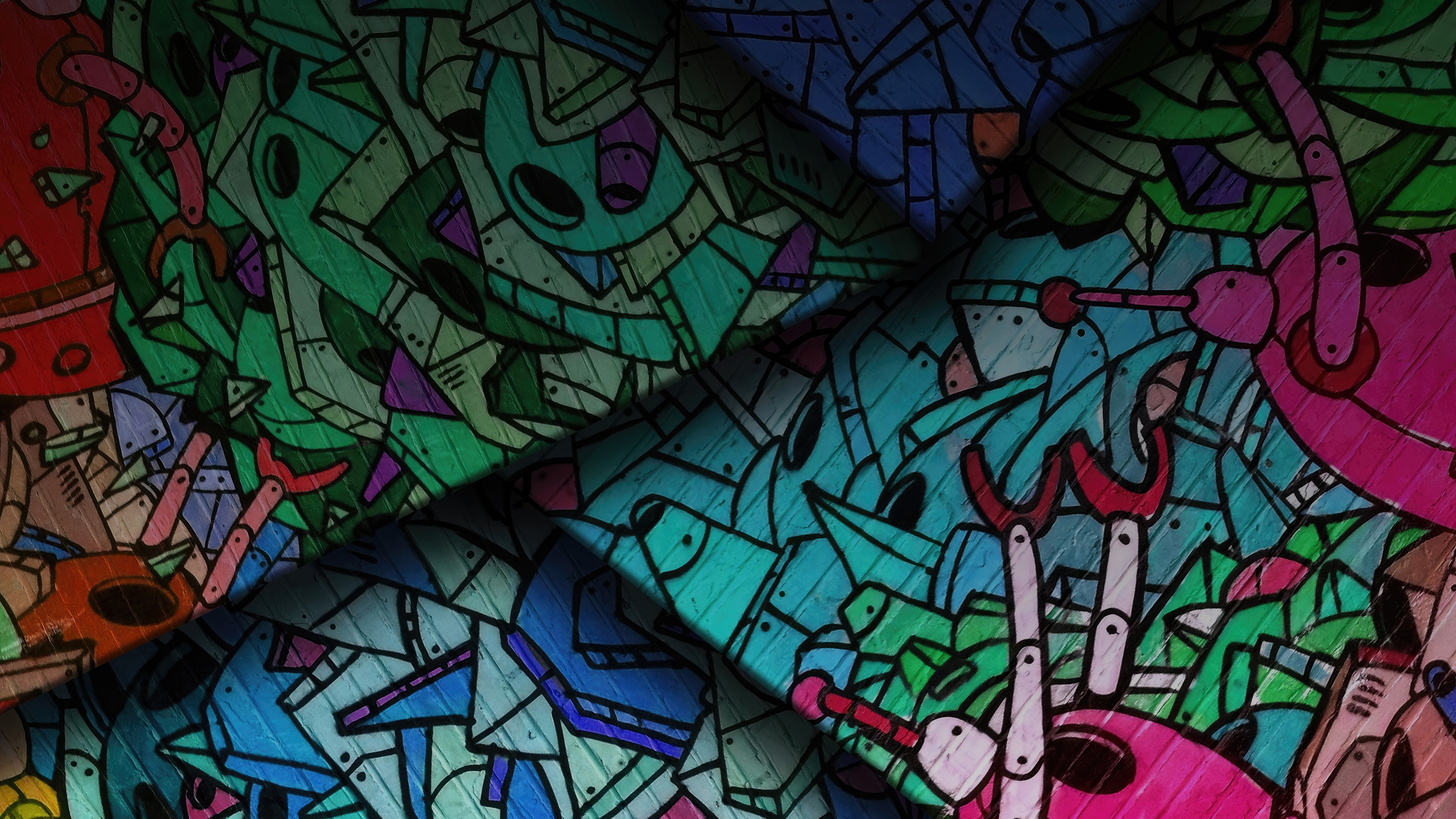 Abstract digital art with robots and geometric shapes HD Wallpaper