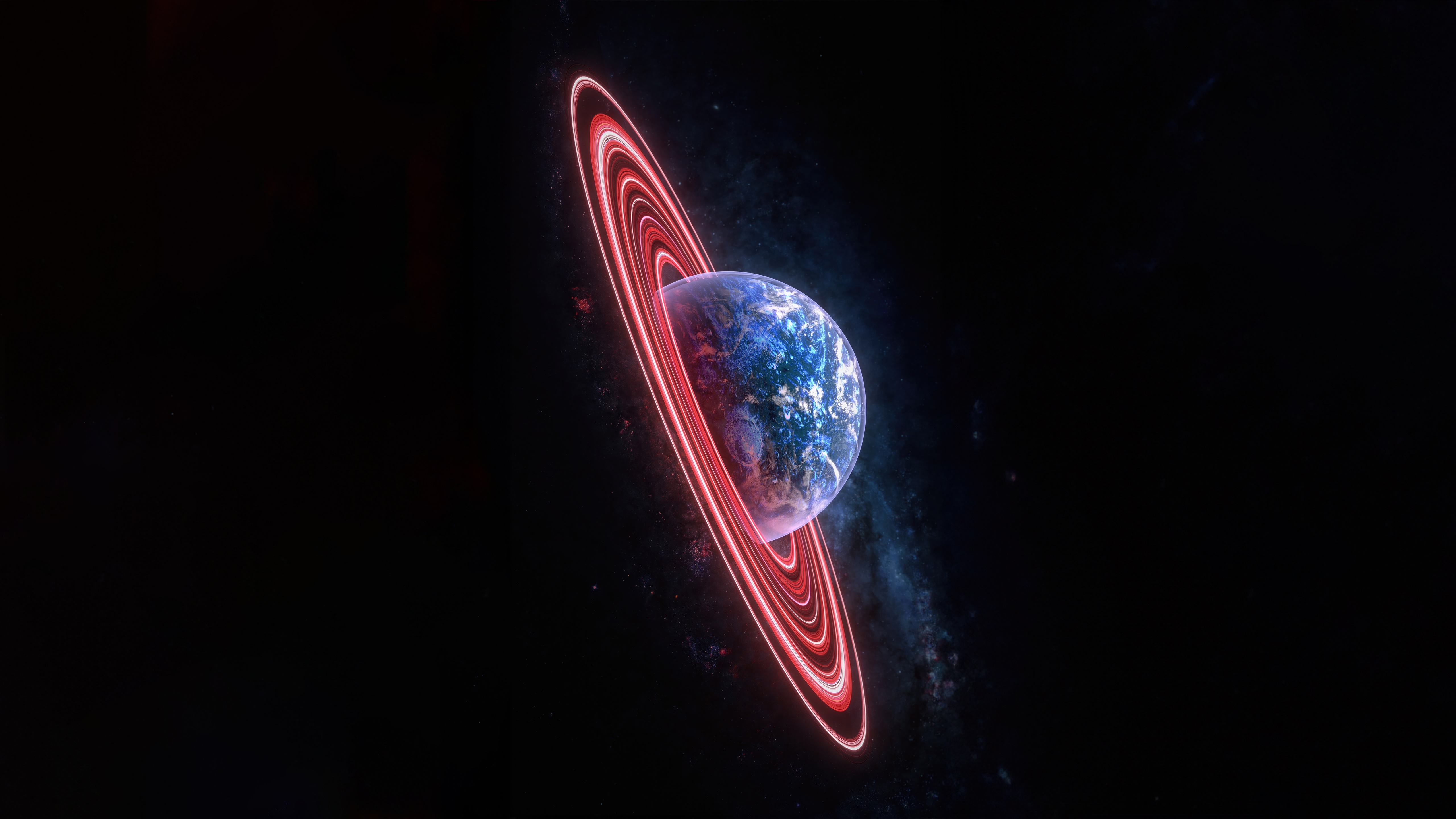 Planet with glowing red rings in space HD Wallpaper