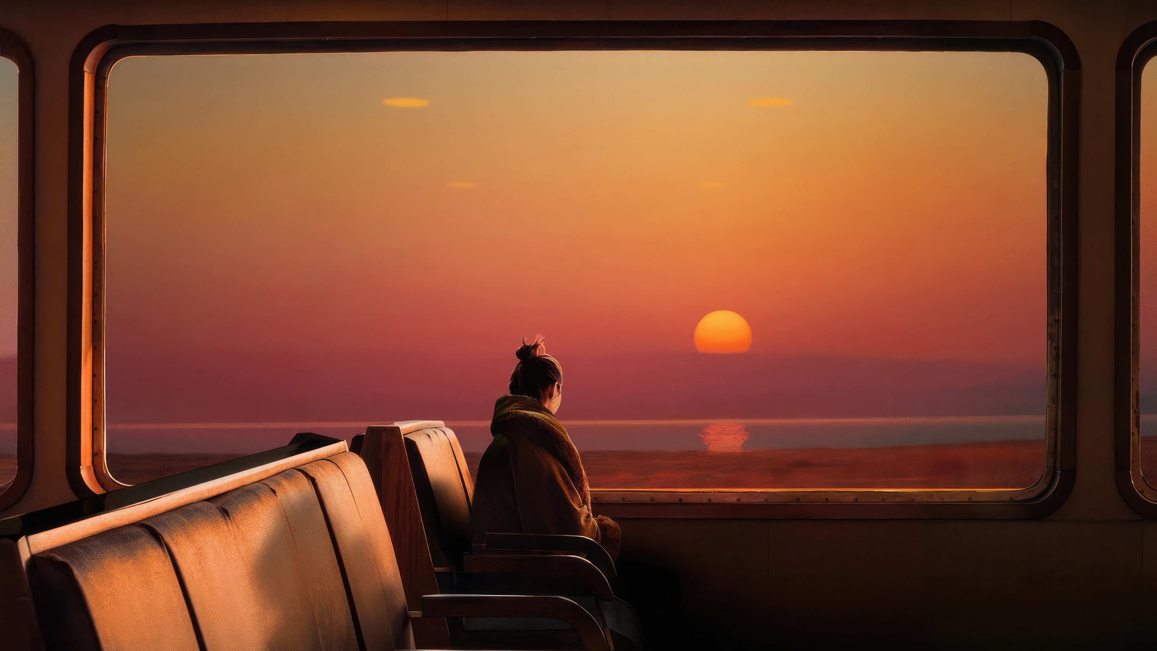 Artwork of a person watching a sunset from a train HD Wallpaper