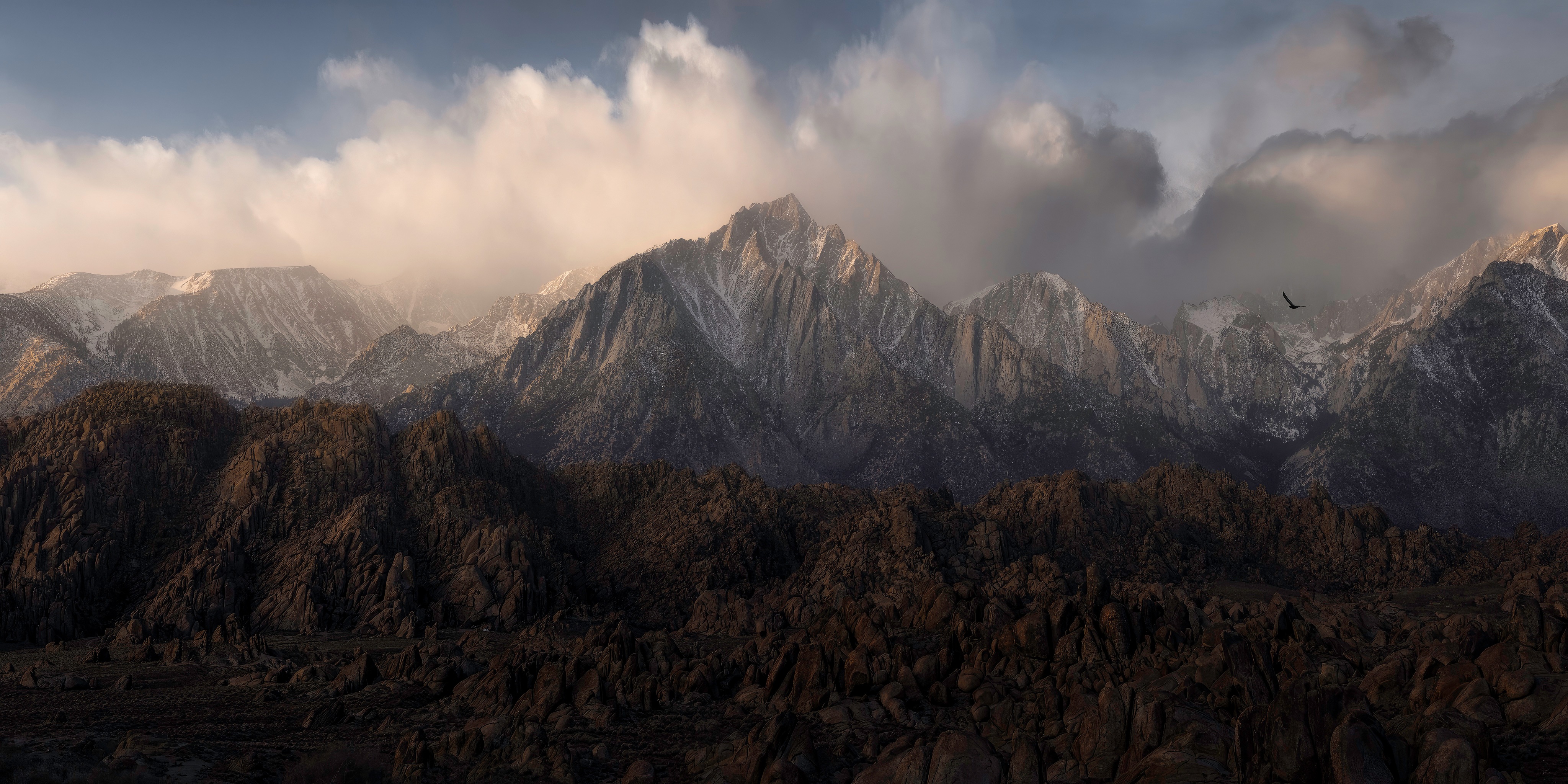 Mountains with clouds and a bird HD Wallpaper