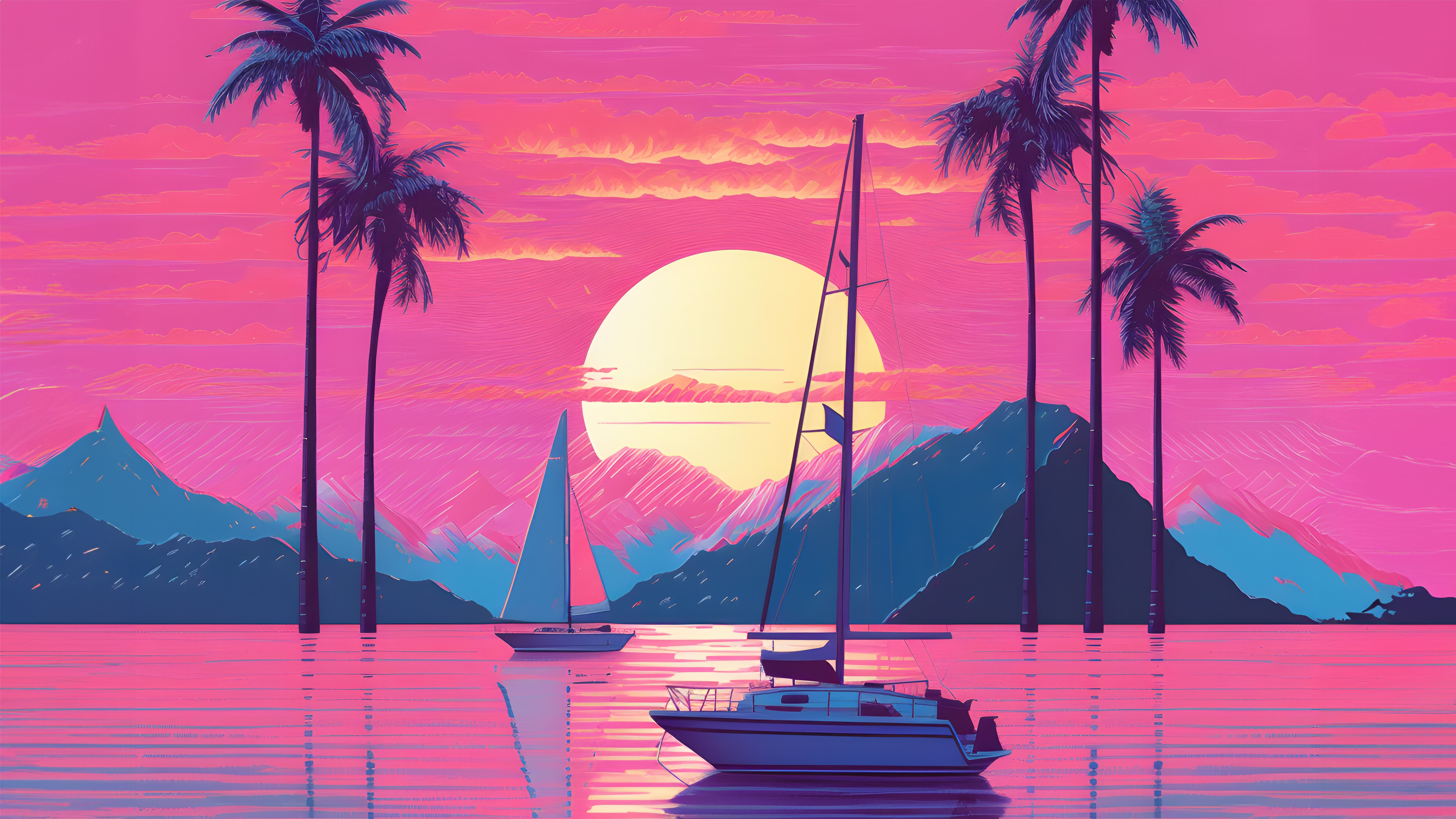 Vaporwave Sailboats and Palm Trees at Sunset 4K HD Wallpaper