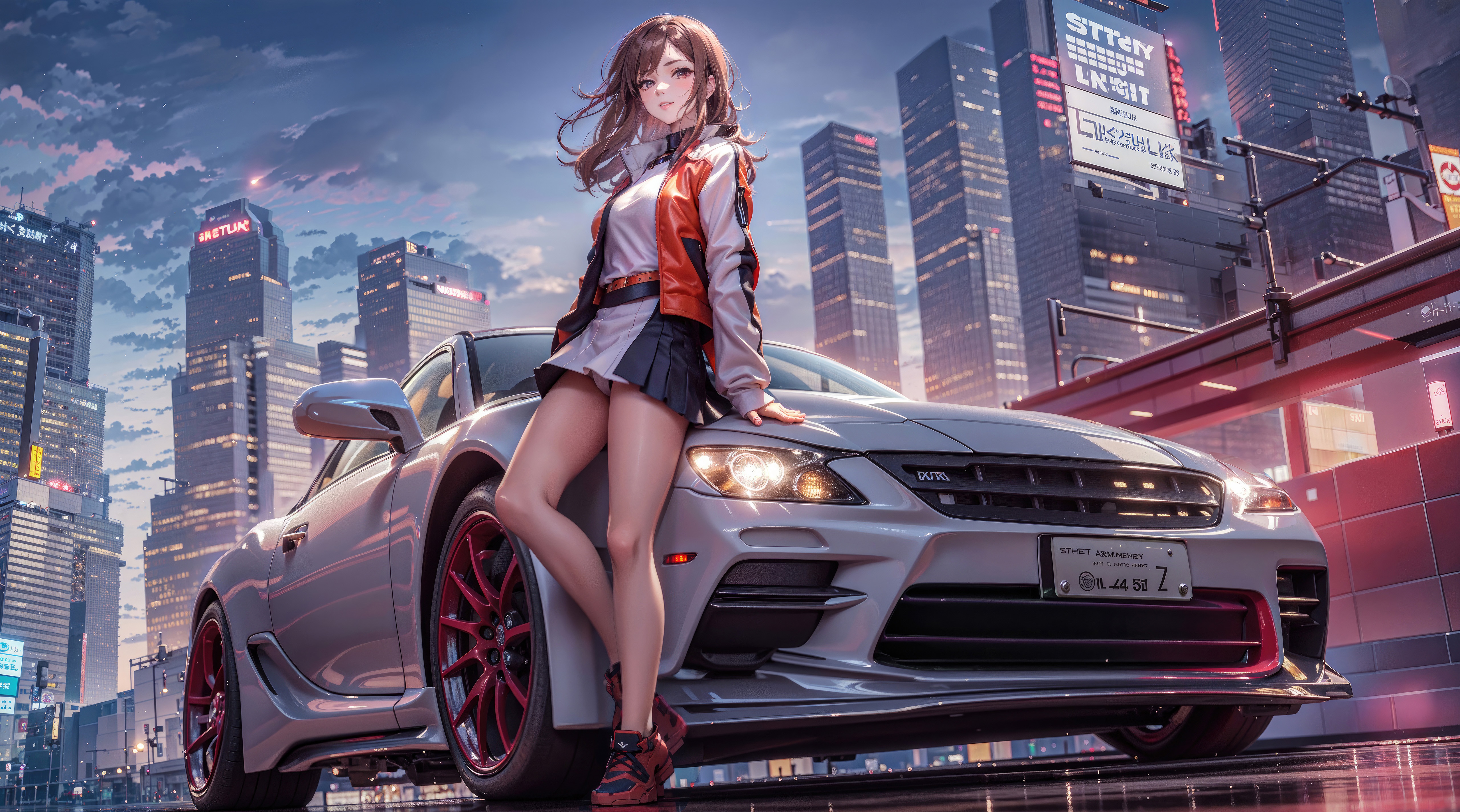 Anime Girl Posing with a Sports Car in a City HD Wallpaper