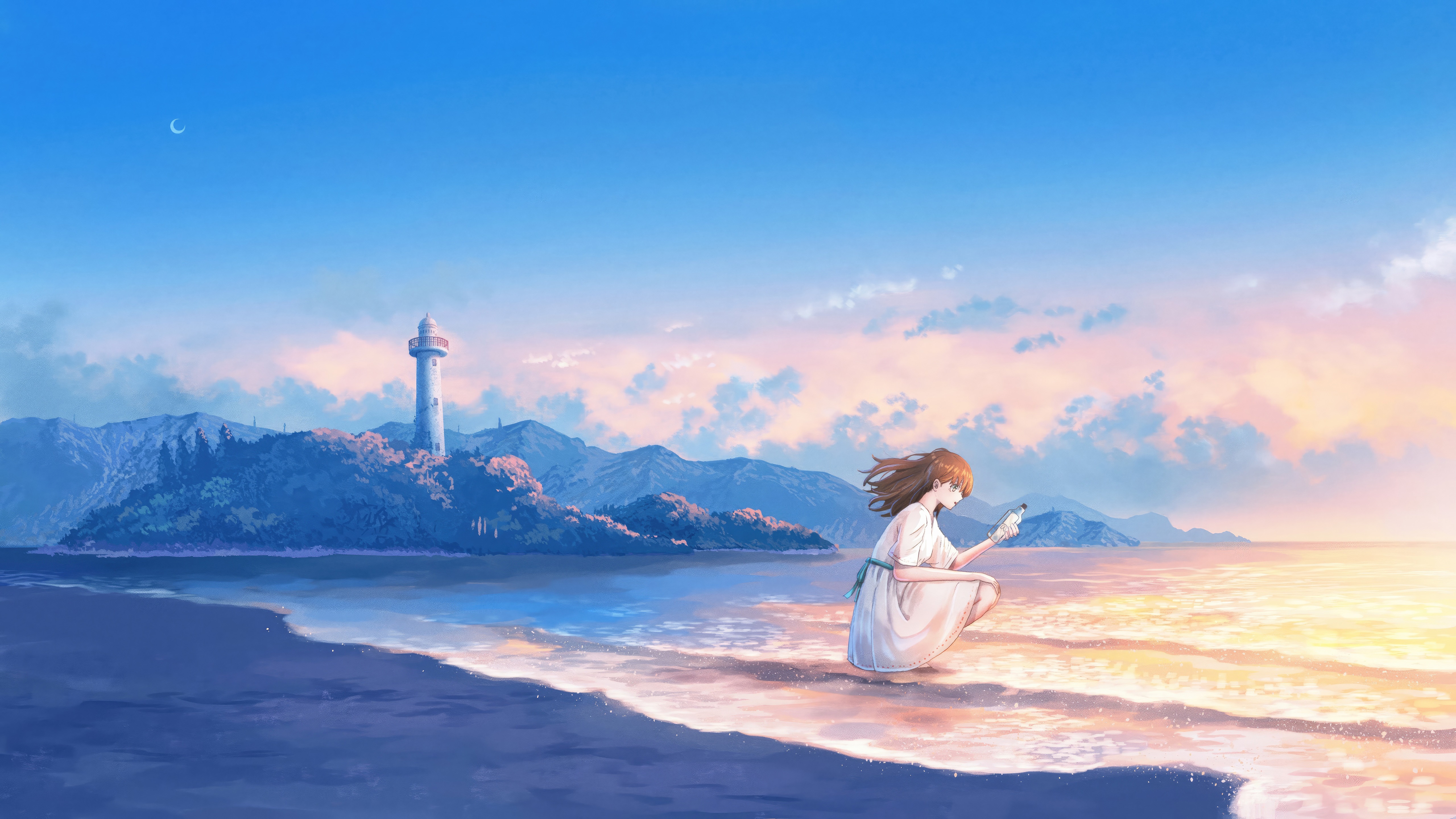 Anime girl on a beach with a lighthouse HD Wallpaper