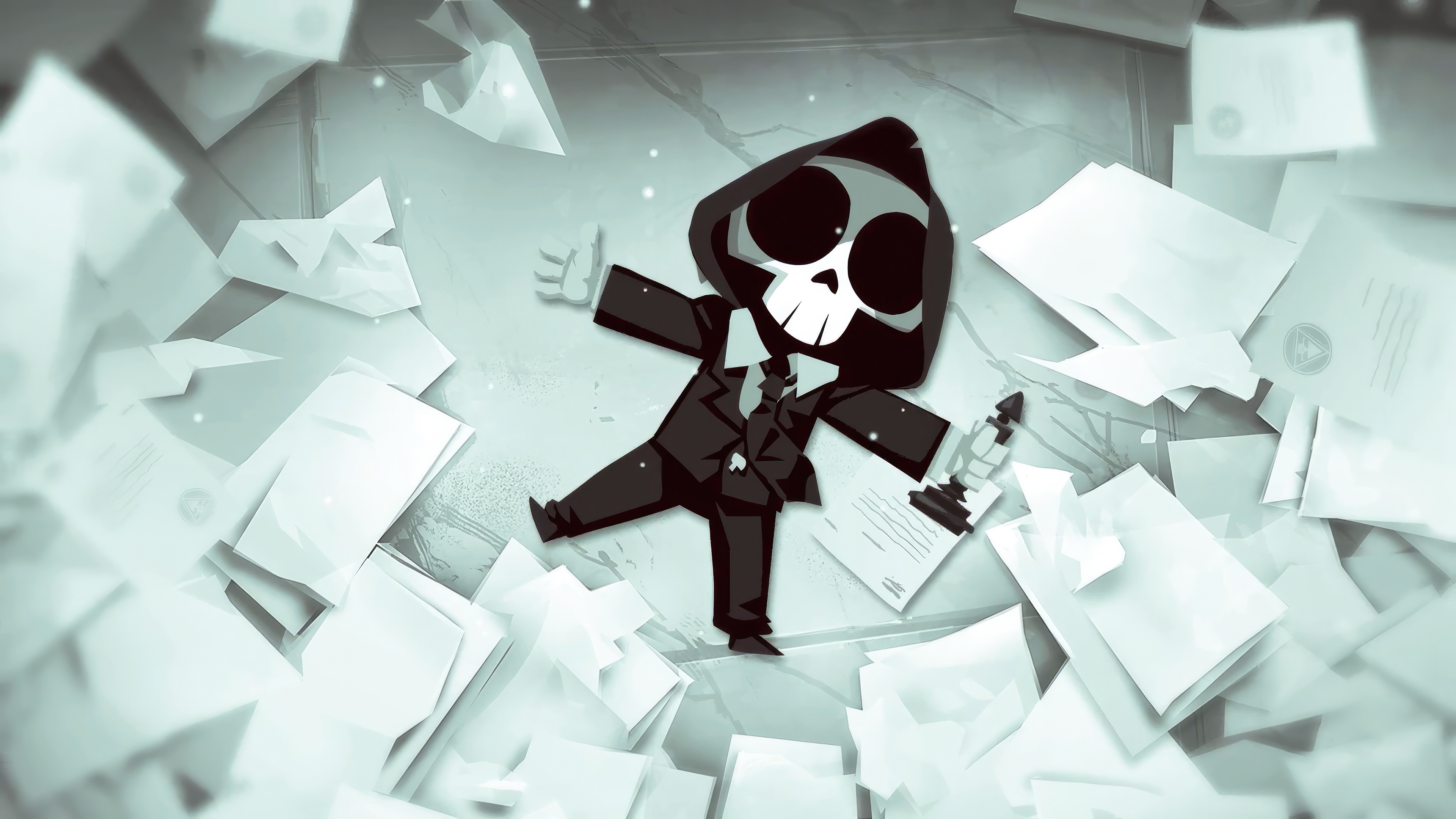 Have a Nice Death character lying in papers HD Wallpaper