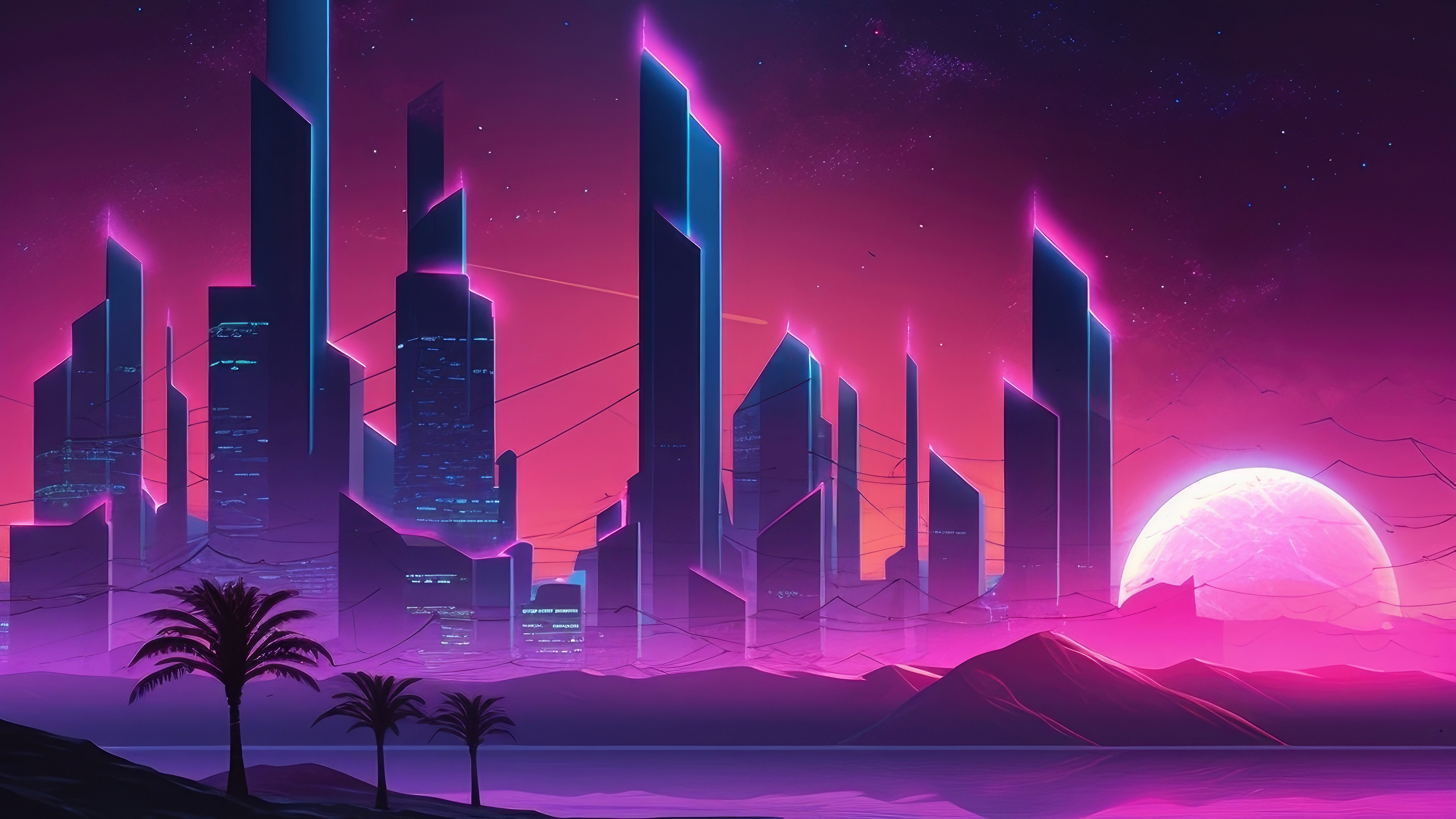 Synthwave cityscape with neon skyscrapers and a large moon HD Wallpaper