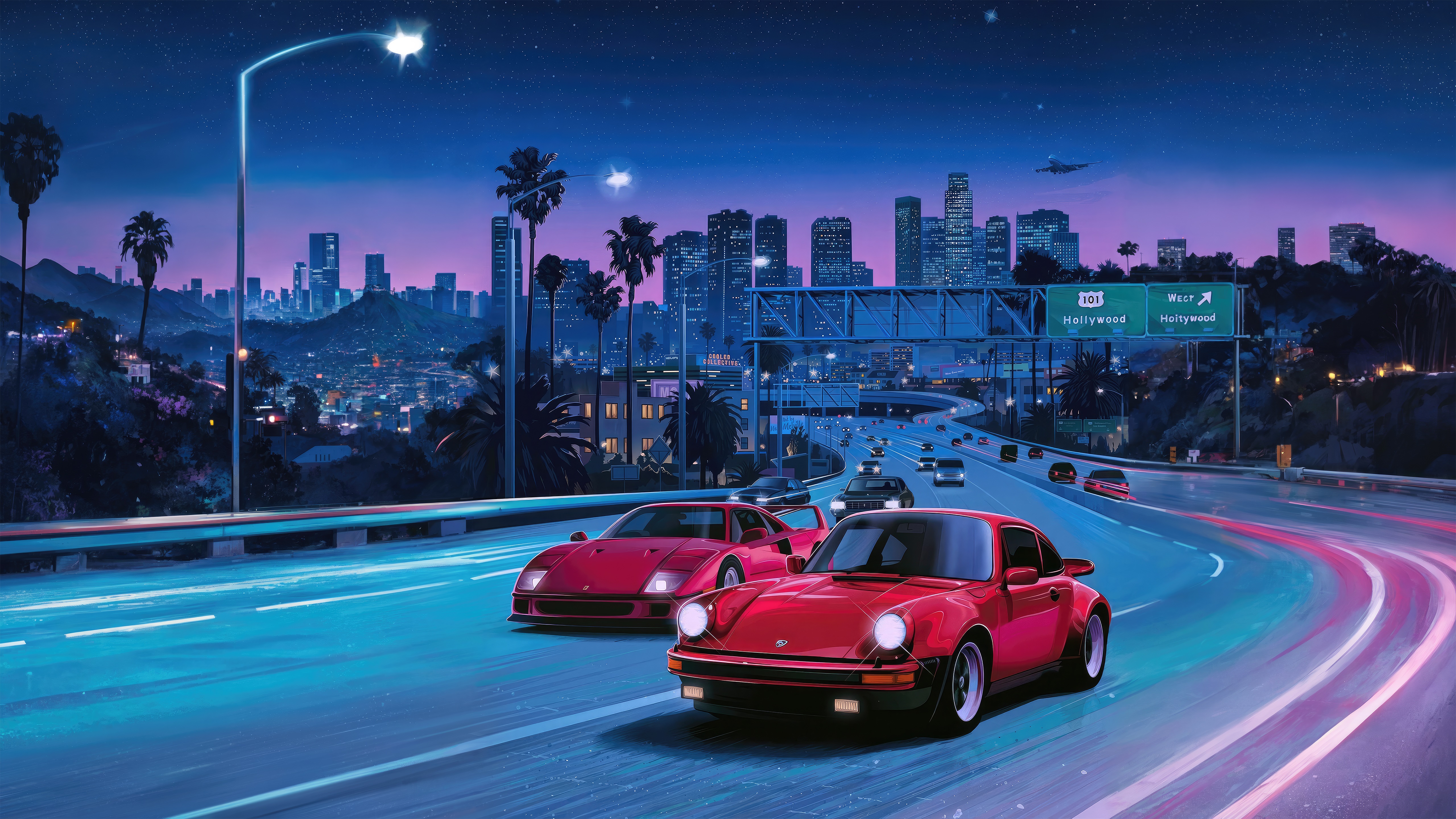 Red Porsche and Ferrari on Hollywood Highway 4K HD Wallpaper