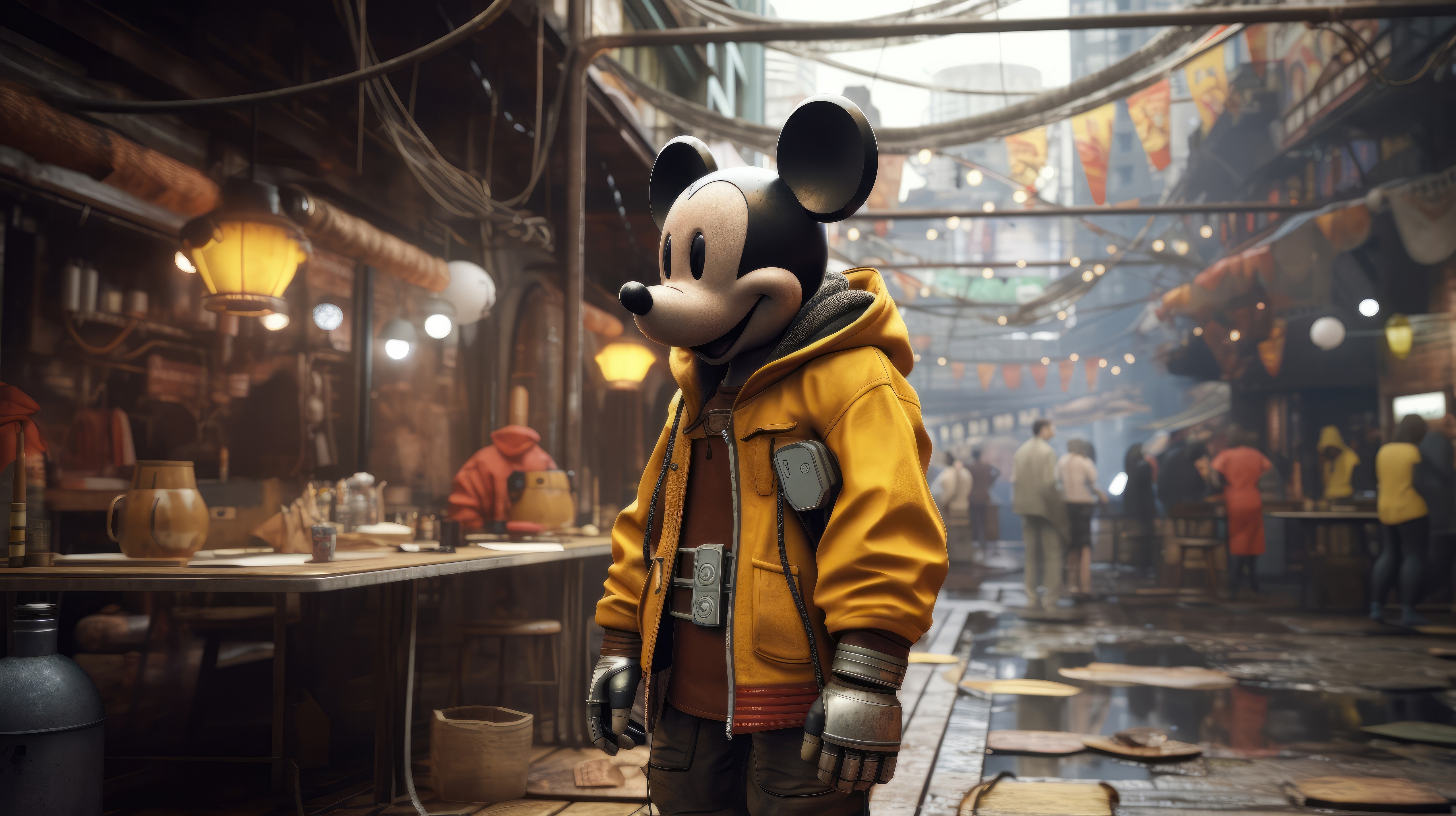 Mickey Mouse in a Cyberpunk Market 4K HD Wallpaper