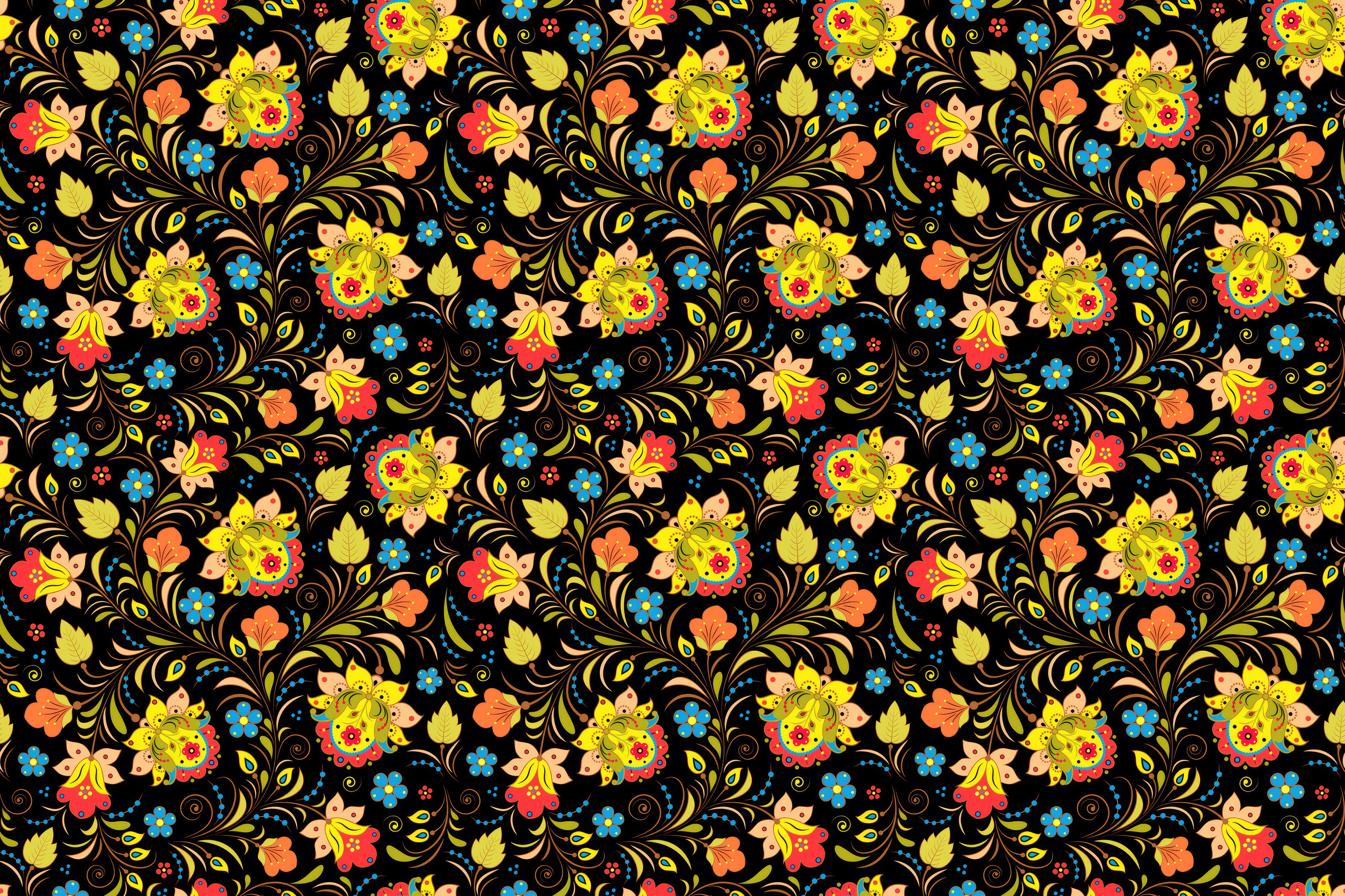 Khokhloma pattern with flowers and leaves HD Wallpaper