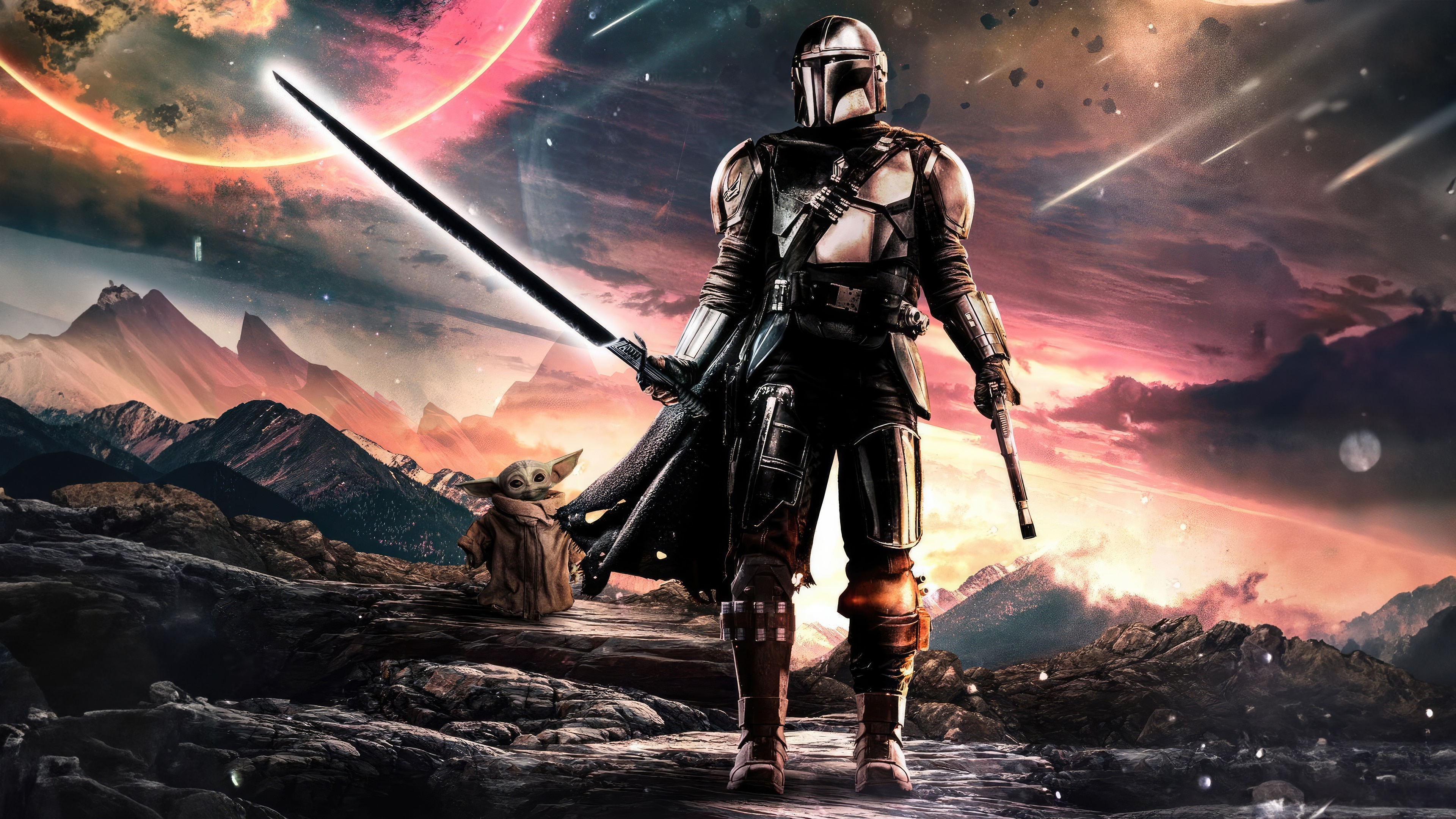 The Mandalorian and Grogu with a lightsaber 4K HD Wallpaper
