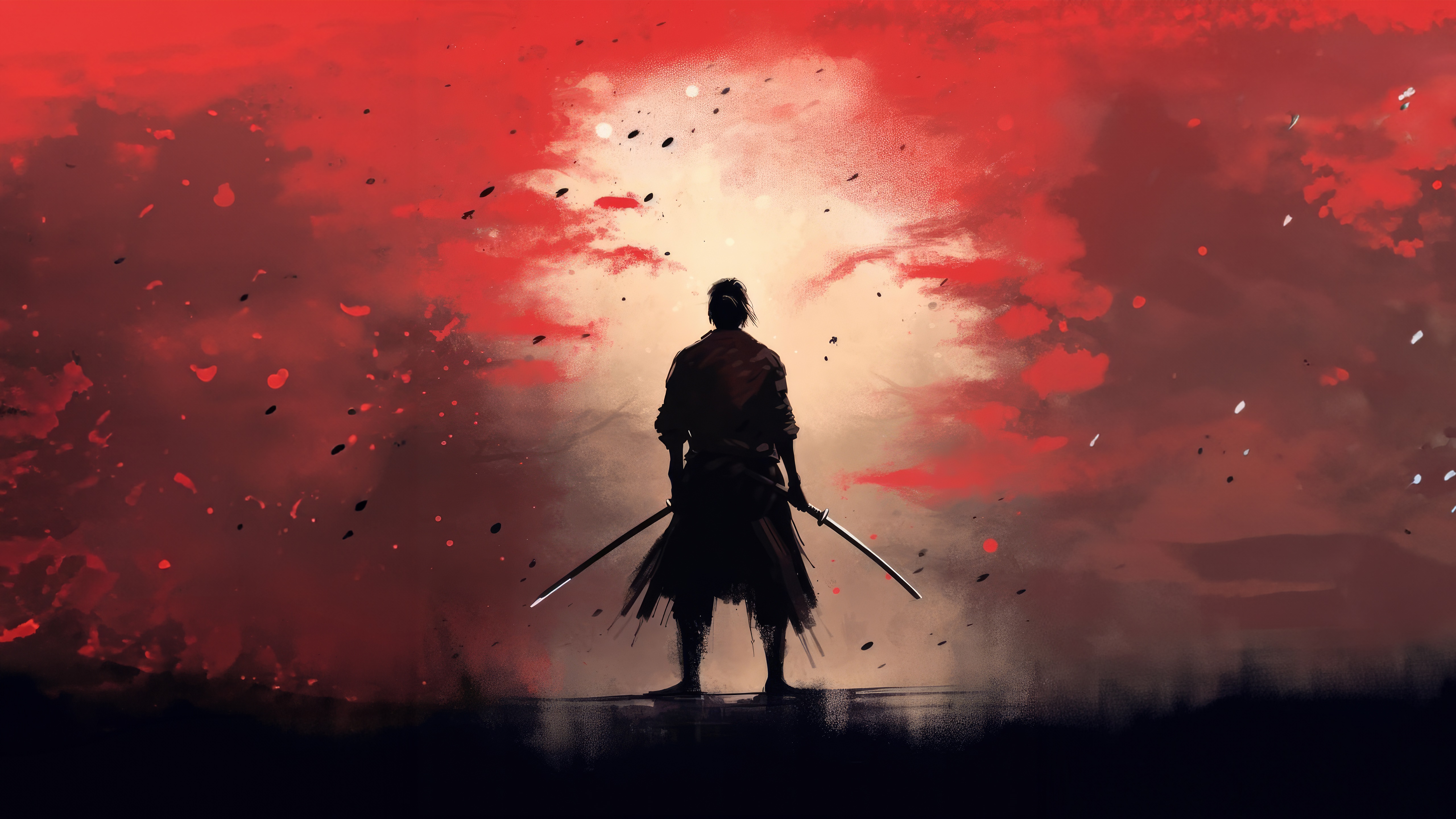 Samurai warrior with swords against red sky HD Wallpaper