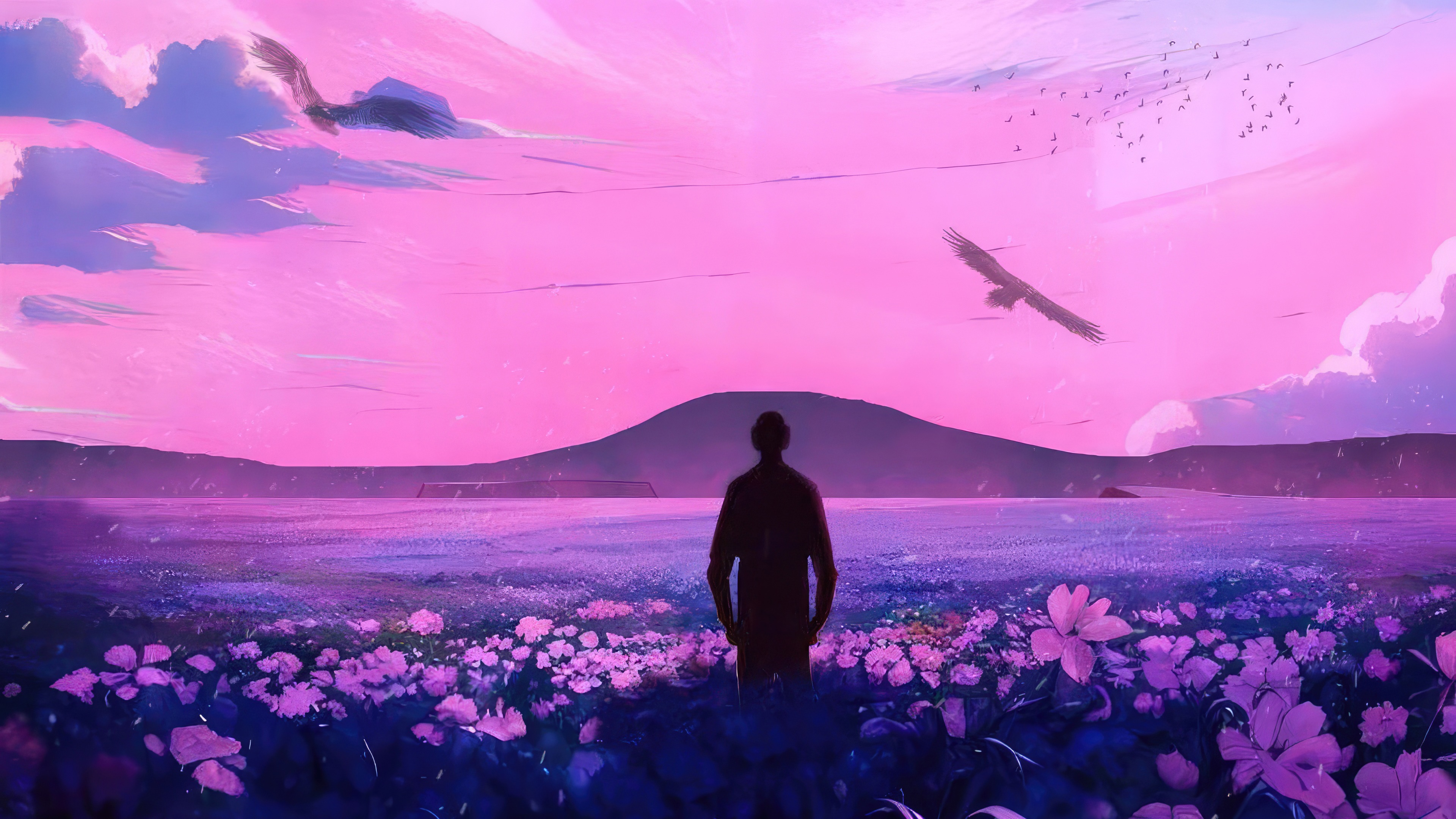 Man in a field of flowers with birds in the sky HD Wallpaper