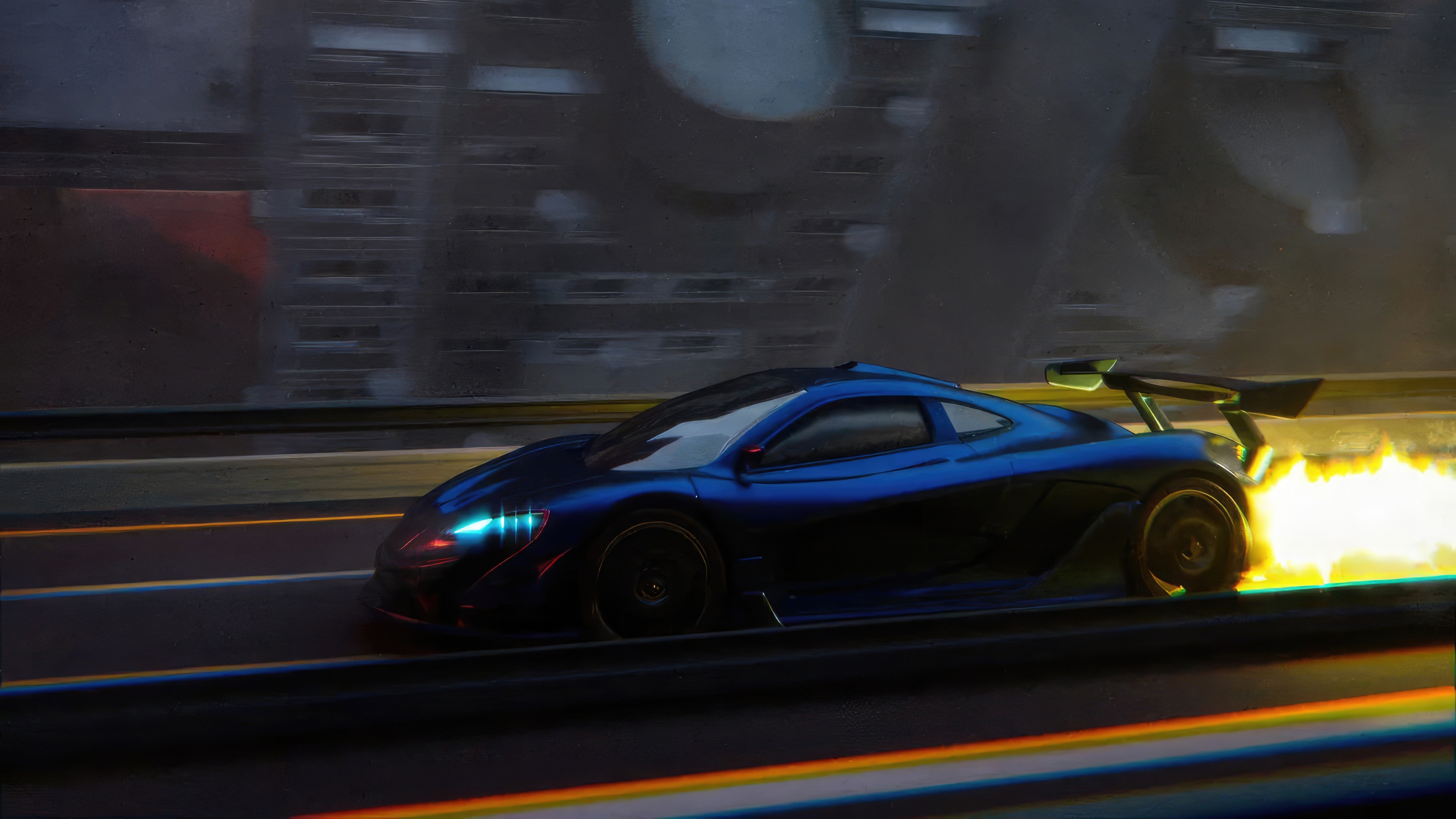 Blue McLaren P1 Driving with Flames HD Wallpaper