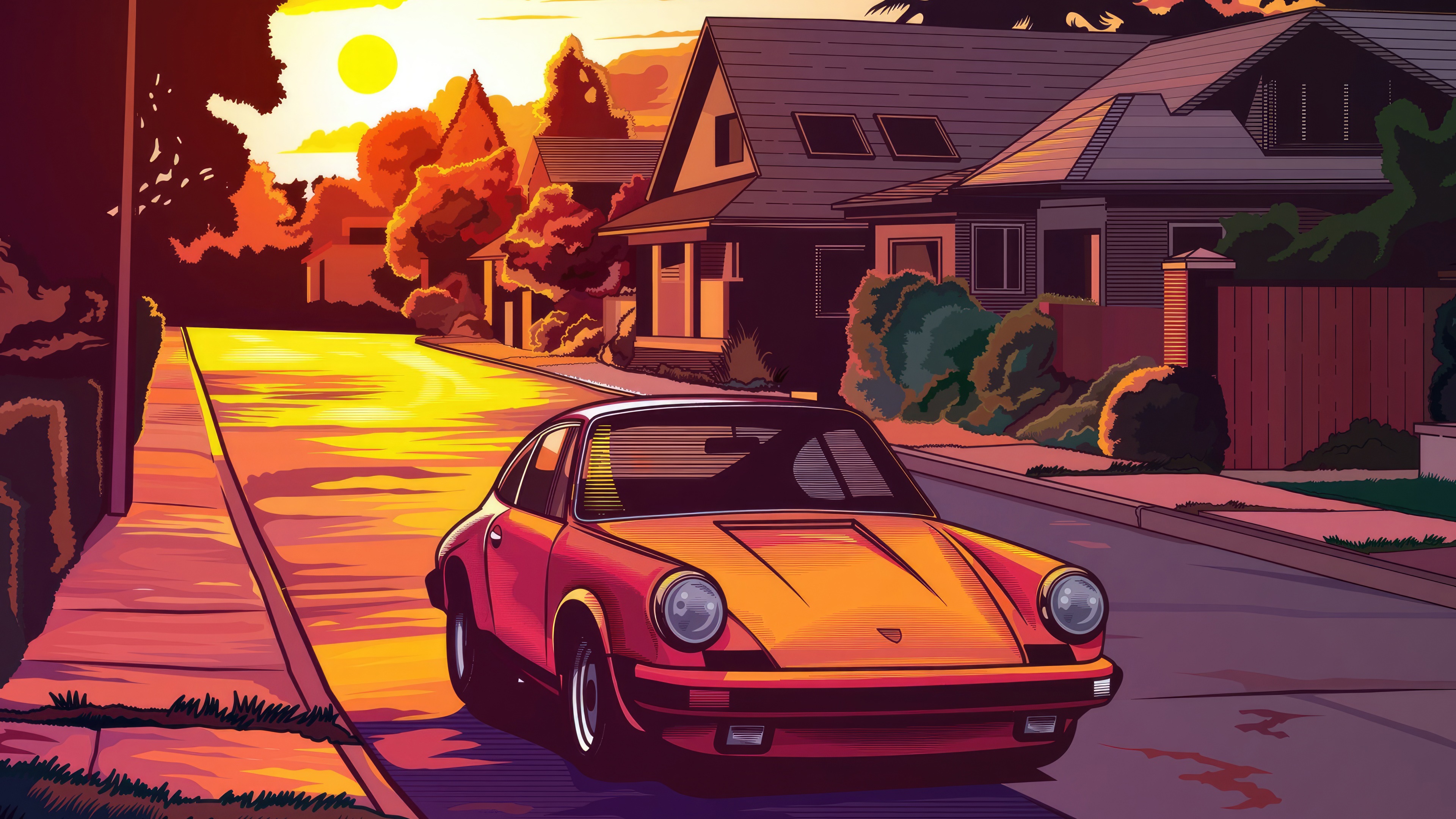 Porsche 911 parked on a suburban street at sunset HD Wallpaper