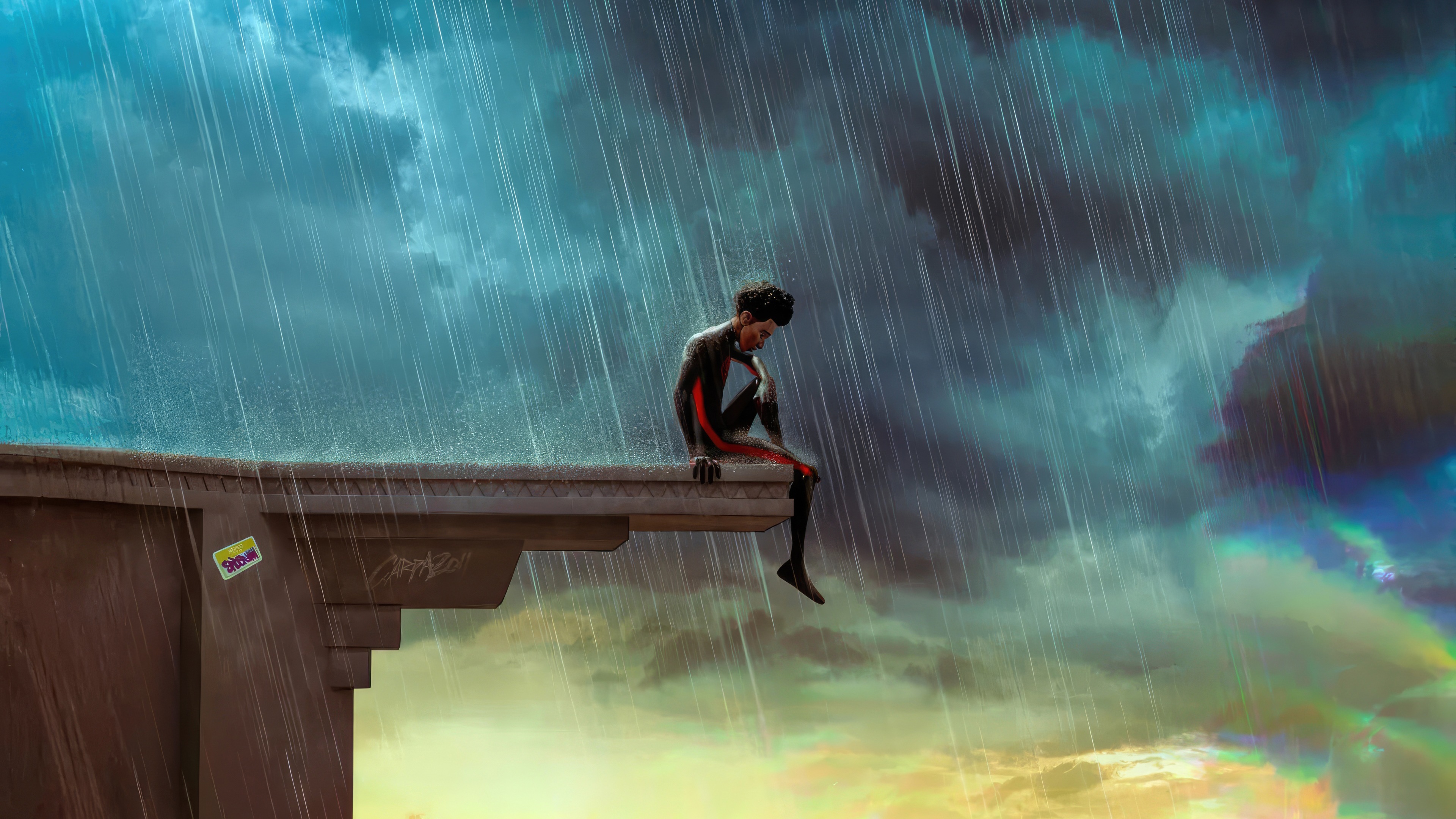 Miles Morales sitting on a ledge in the rain HD Wallpaper