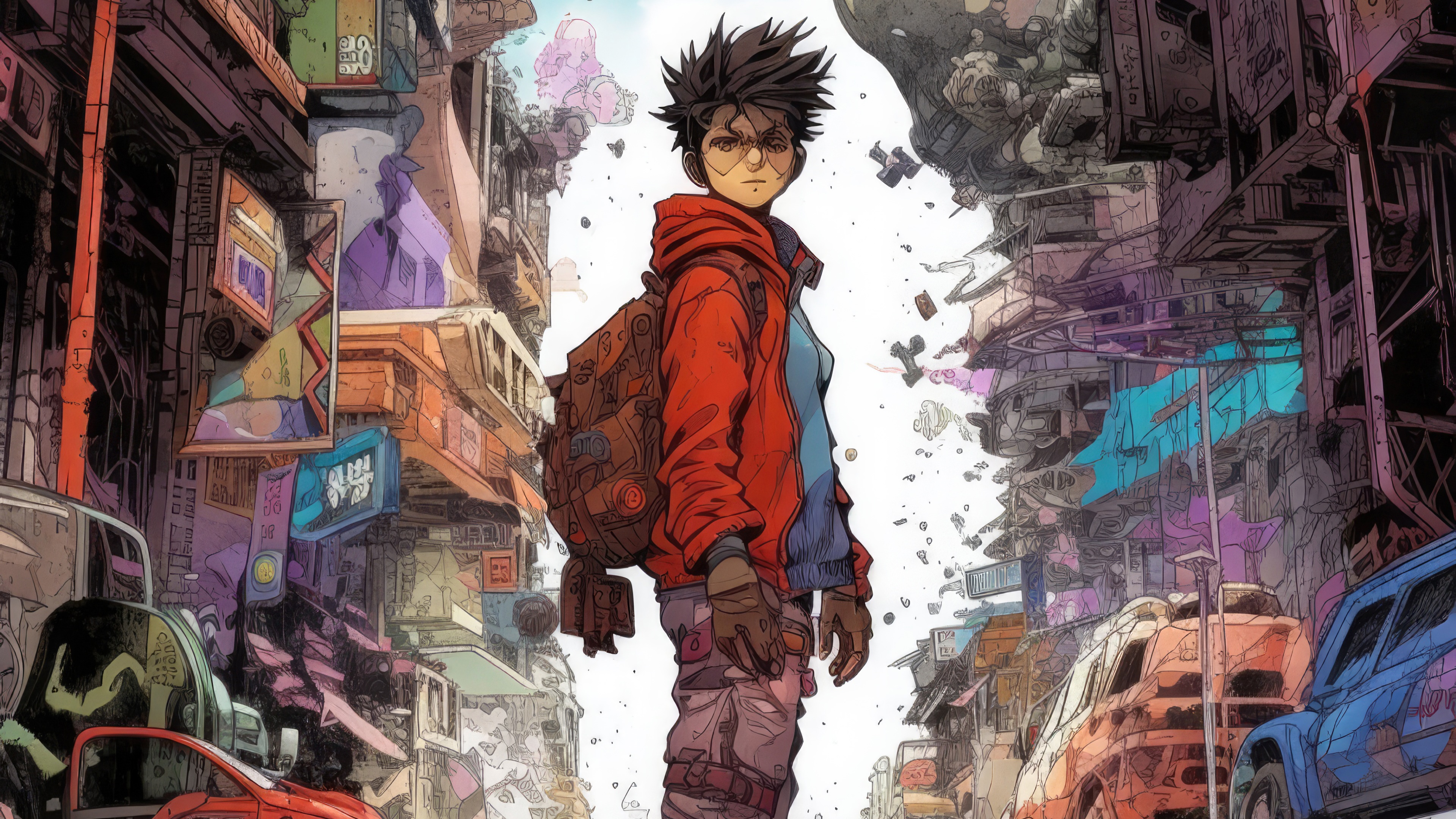 Anime character with backpack in a futuristic city HD Wallpaper