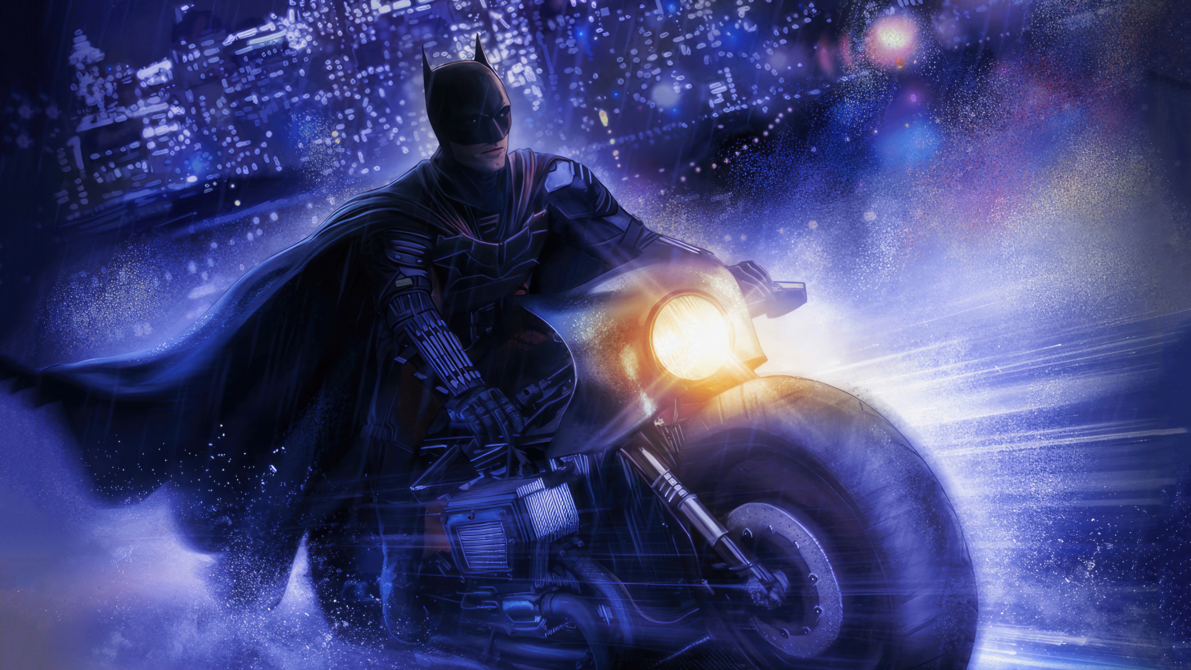 The Batman riding a motorcycle in a city HD Wallpaper