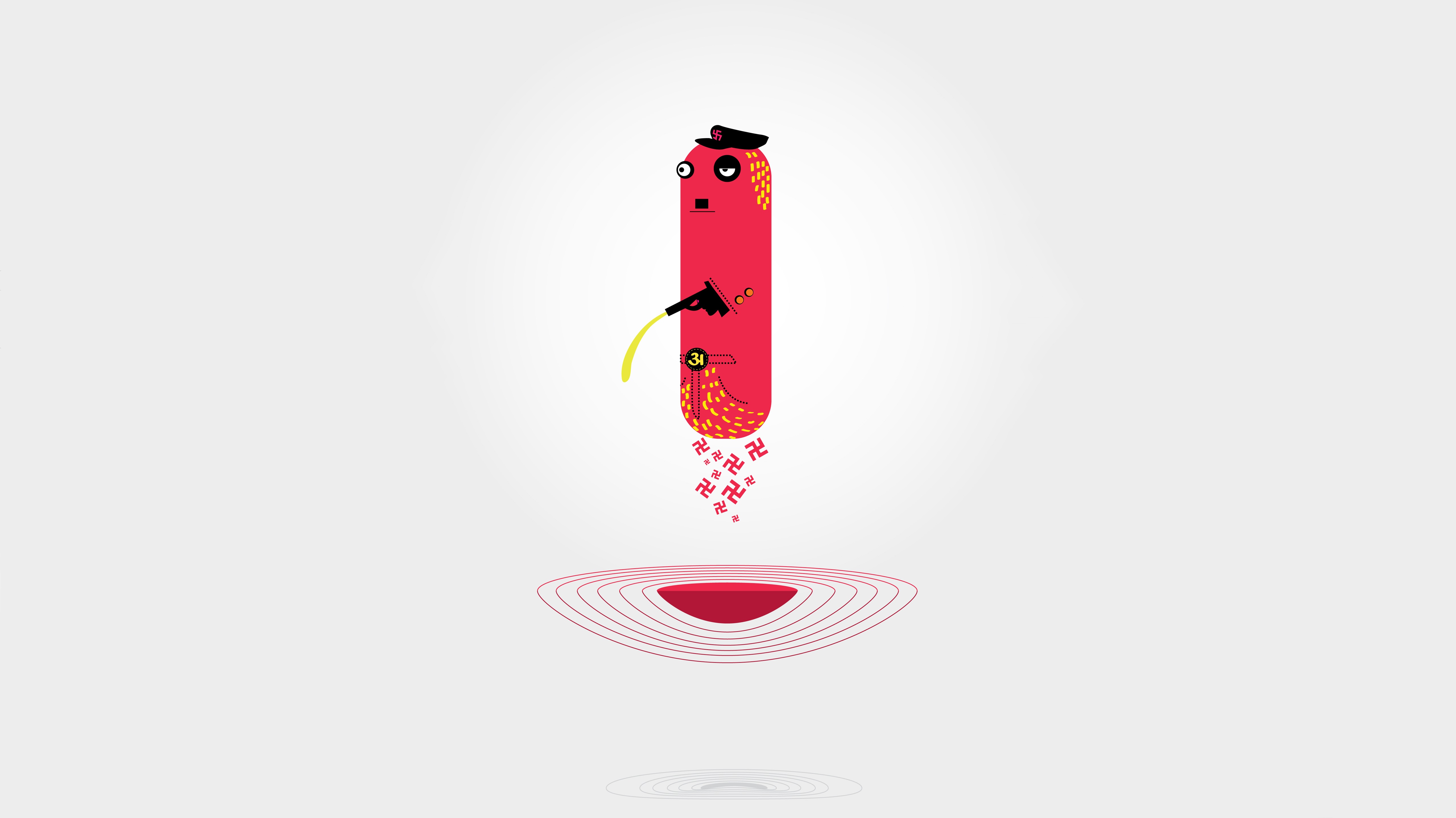 Red character with swastikas falling into a red circle HD Wallpaper