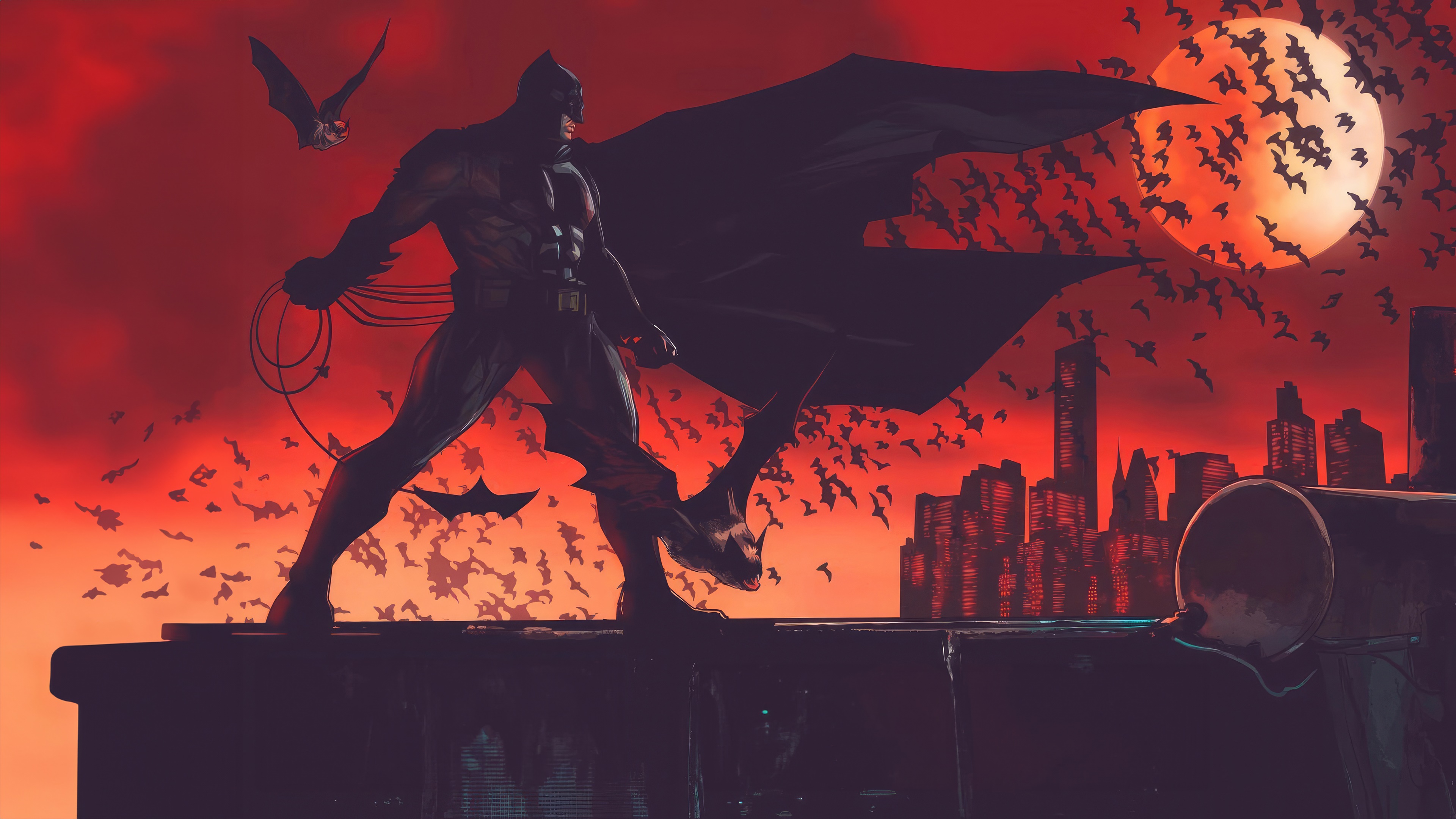 Batman standing on a rooftop with bats and city skyline HD Wallpaper