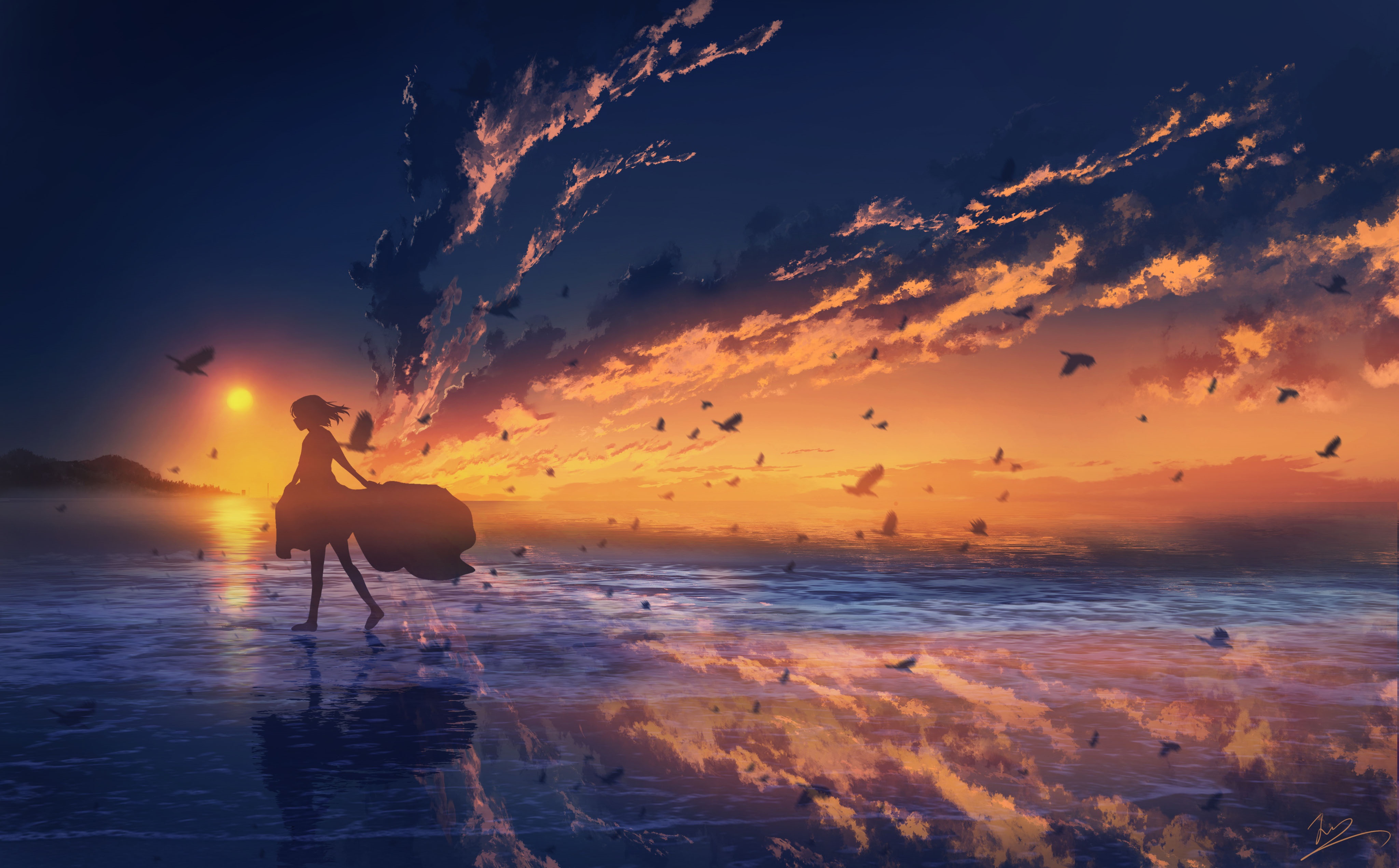 Girl walking on water at sunset with birds HD Wallpaper