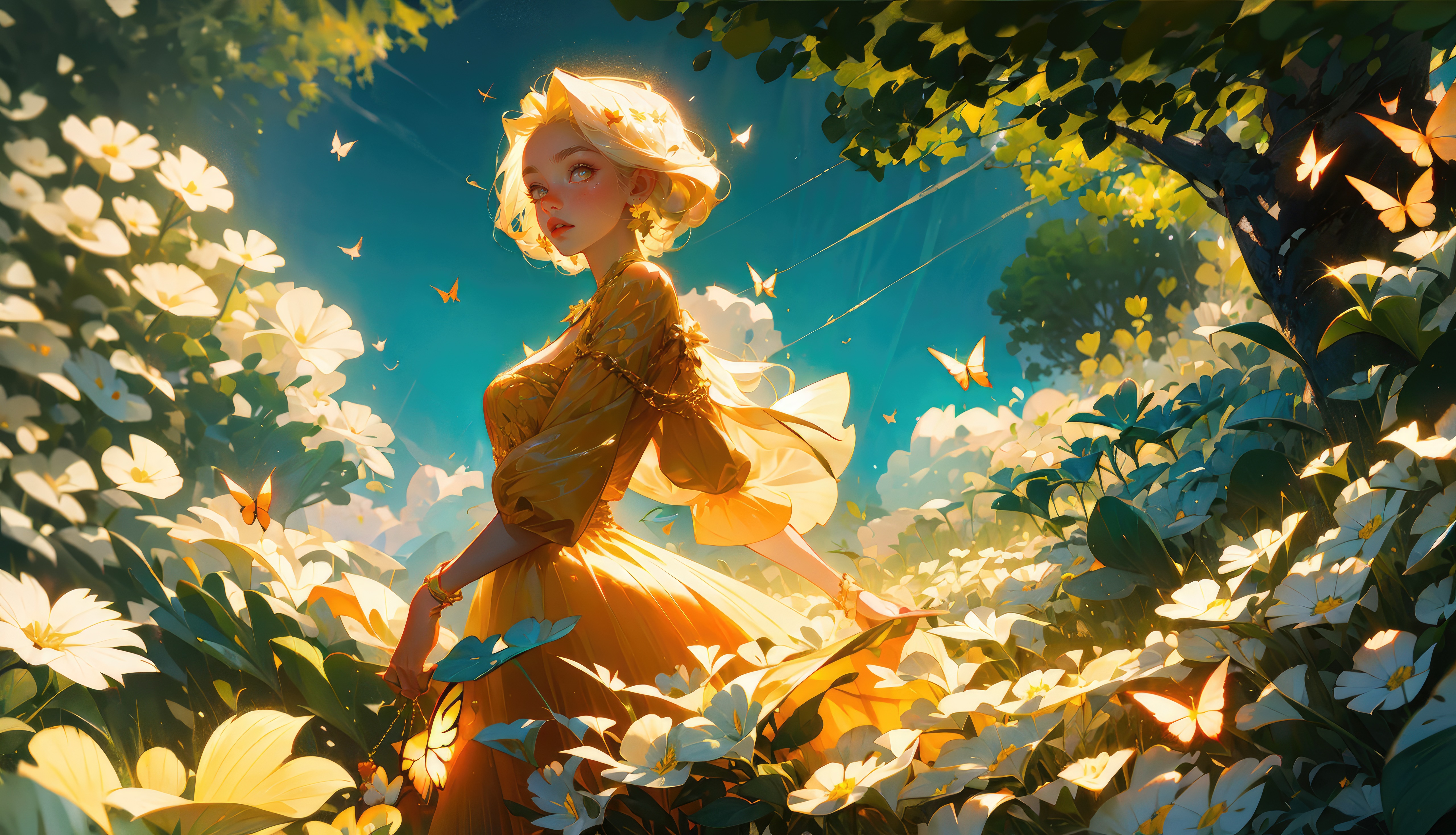 Fantasy girl in yellow dress surrounded by flowers and butterflies HD Wallpaper
