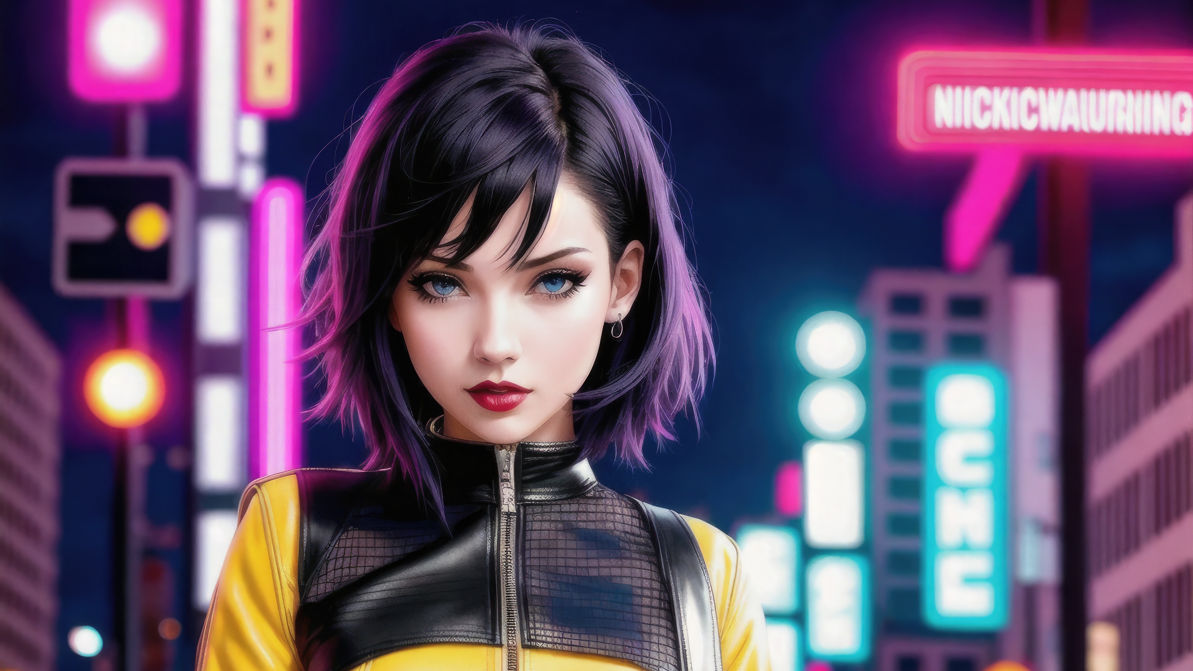Cyberpunk woman with purple hair in neon city HD Wallpaper