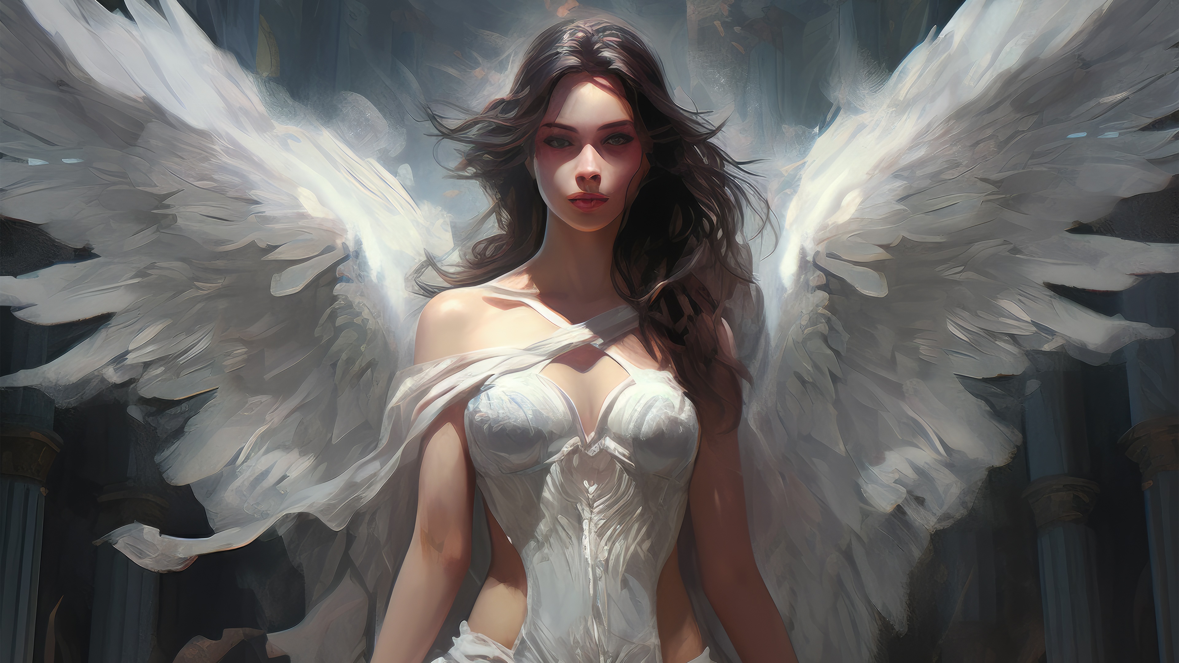 Angel with white wings and dress, digital art 4K HD Wallpaper