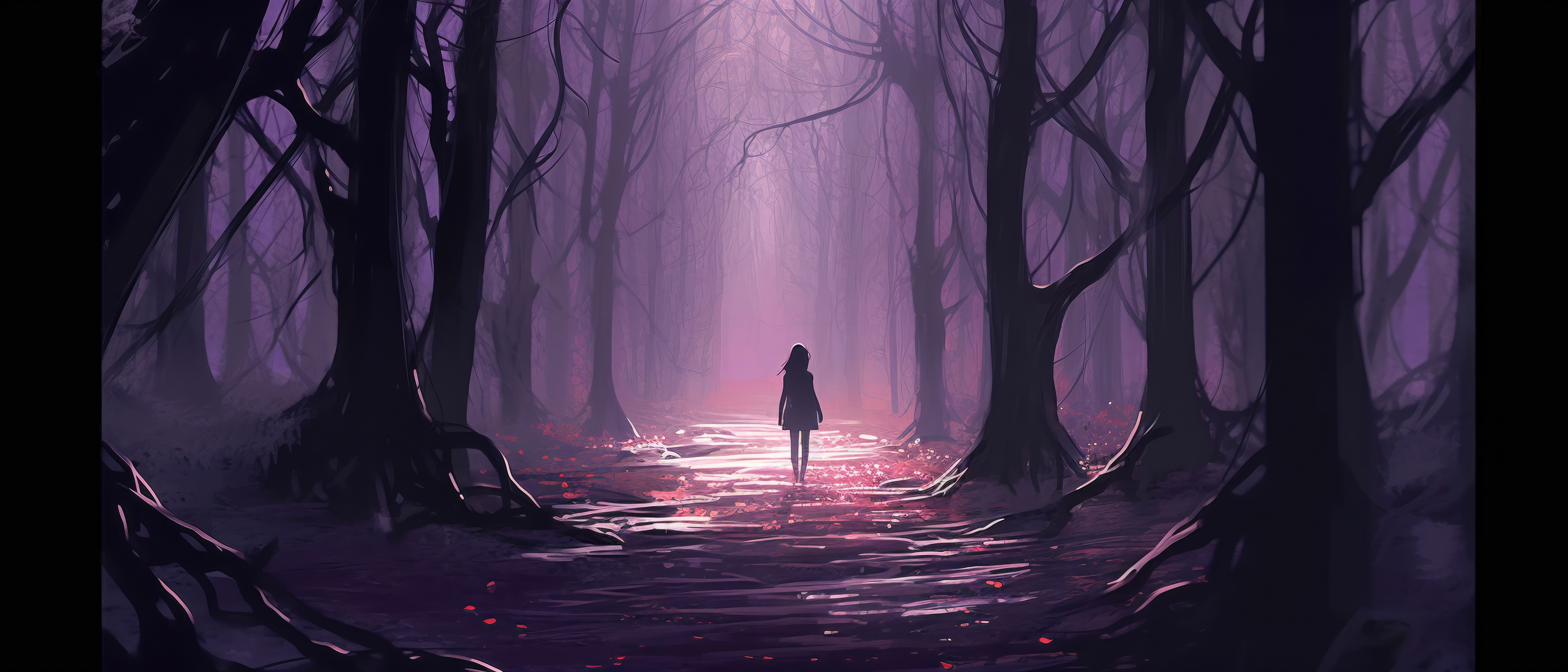 Anime girl walking in a purple forest HD Wallpaper
