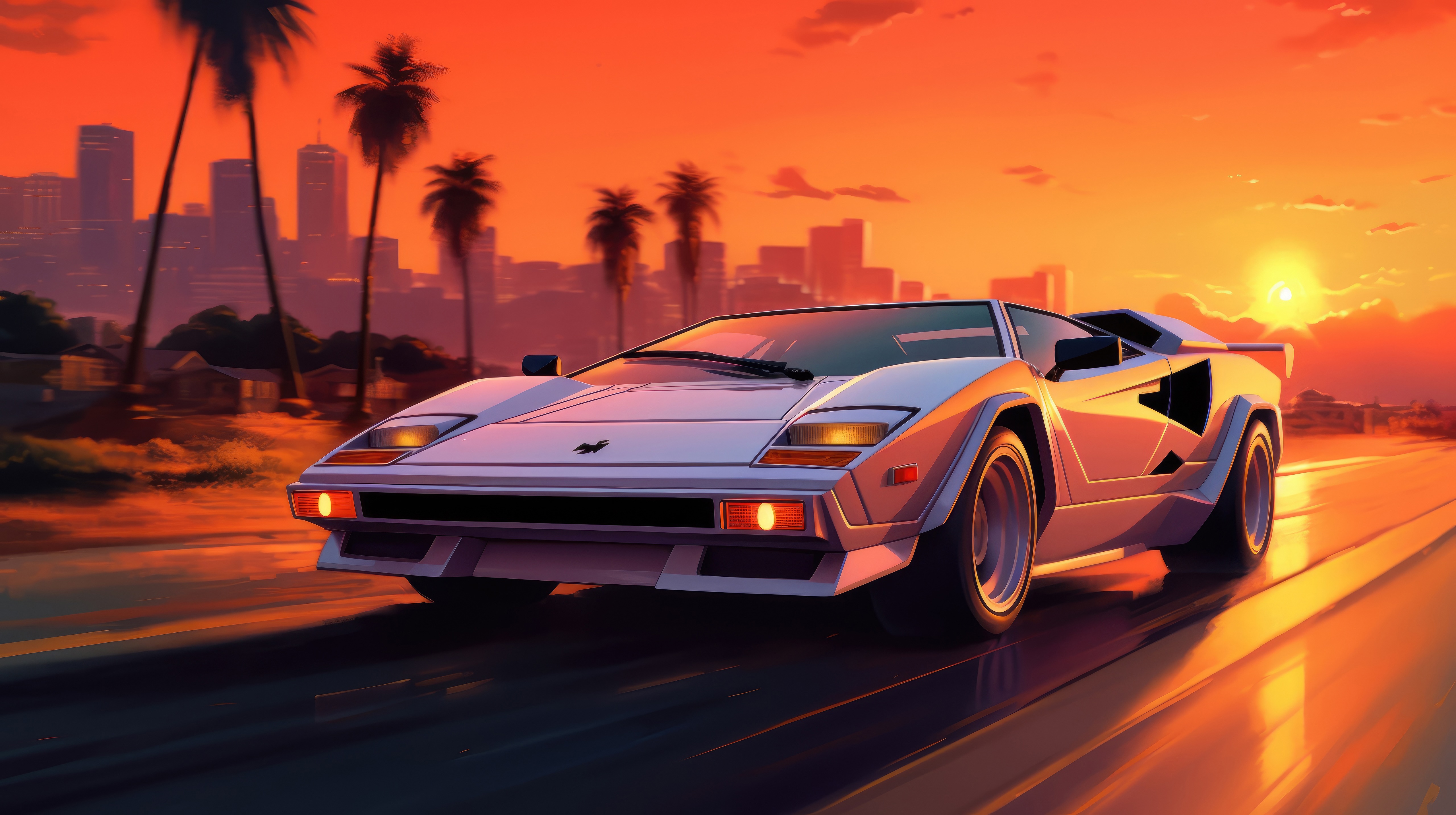 Retro Lamborghini driving at sunset in city HD Wallpaper