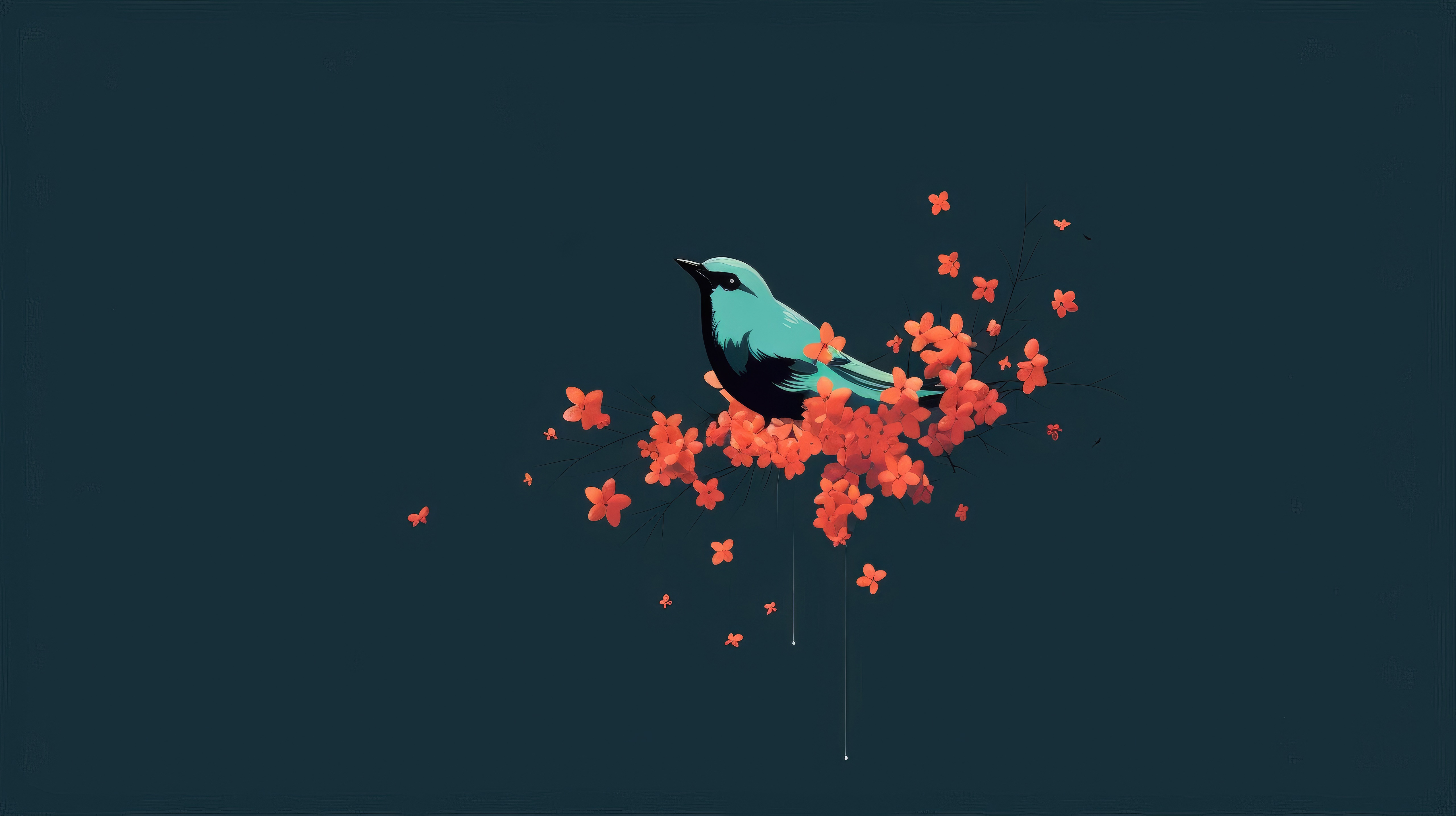 Minimalist artwork of a blue bird on orange flowers HD Wallpaper