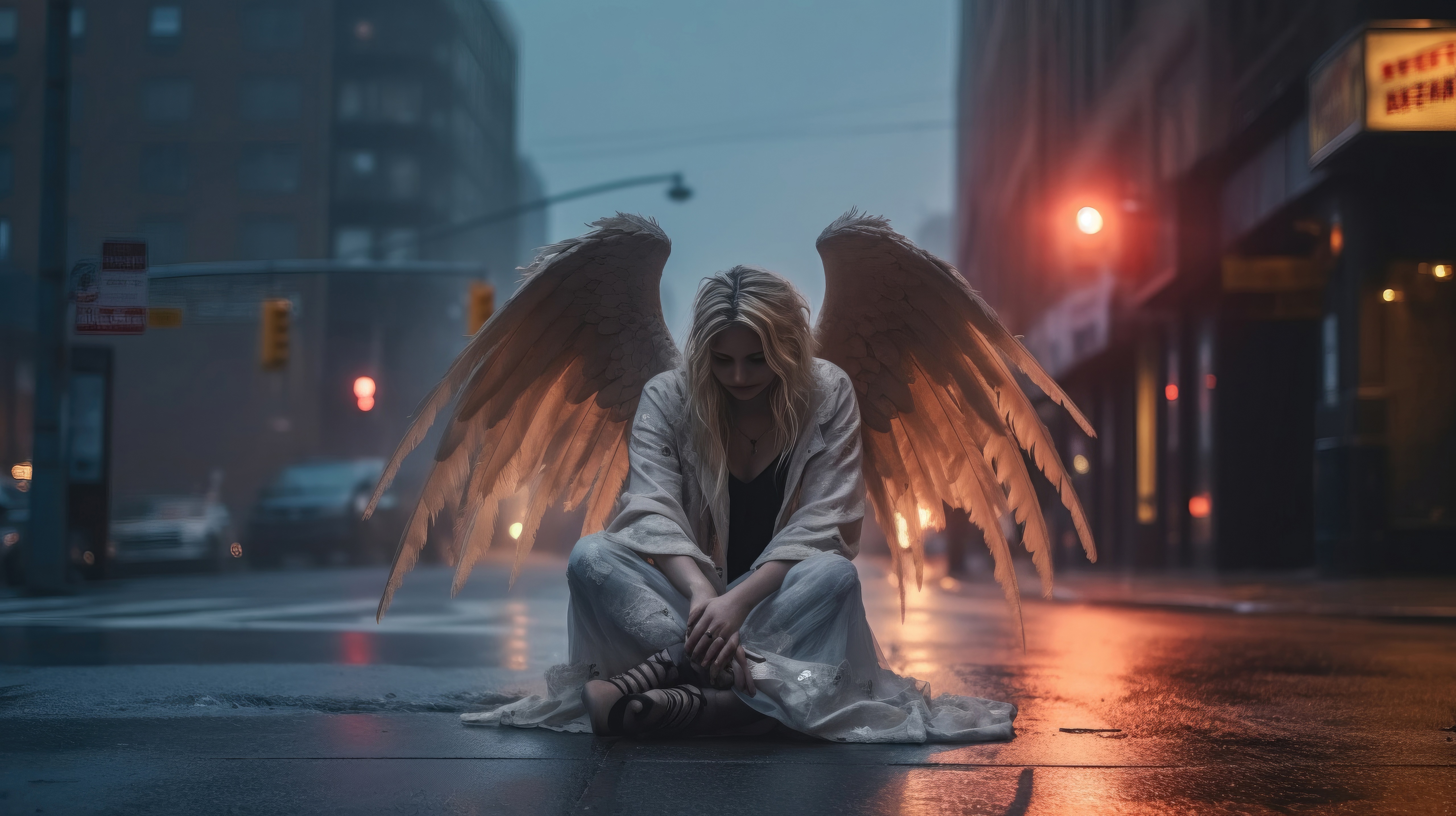 Angel with wings sitting on a wet city street HD Wallpaper