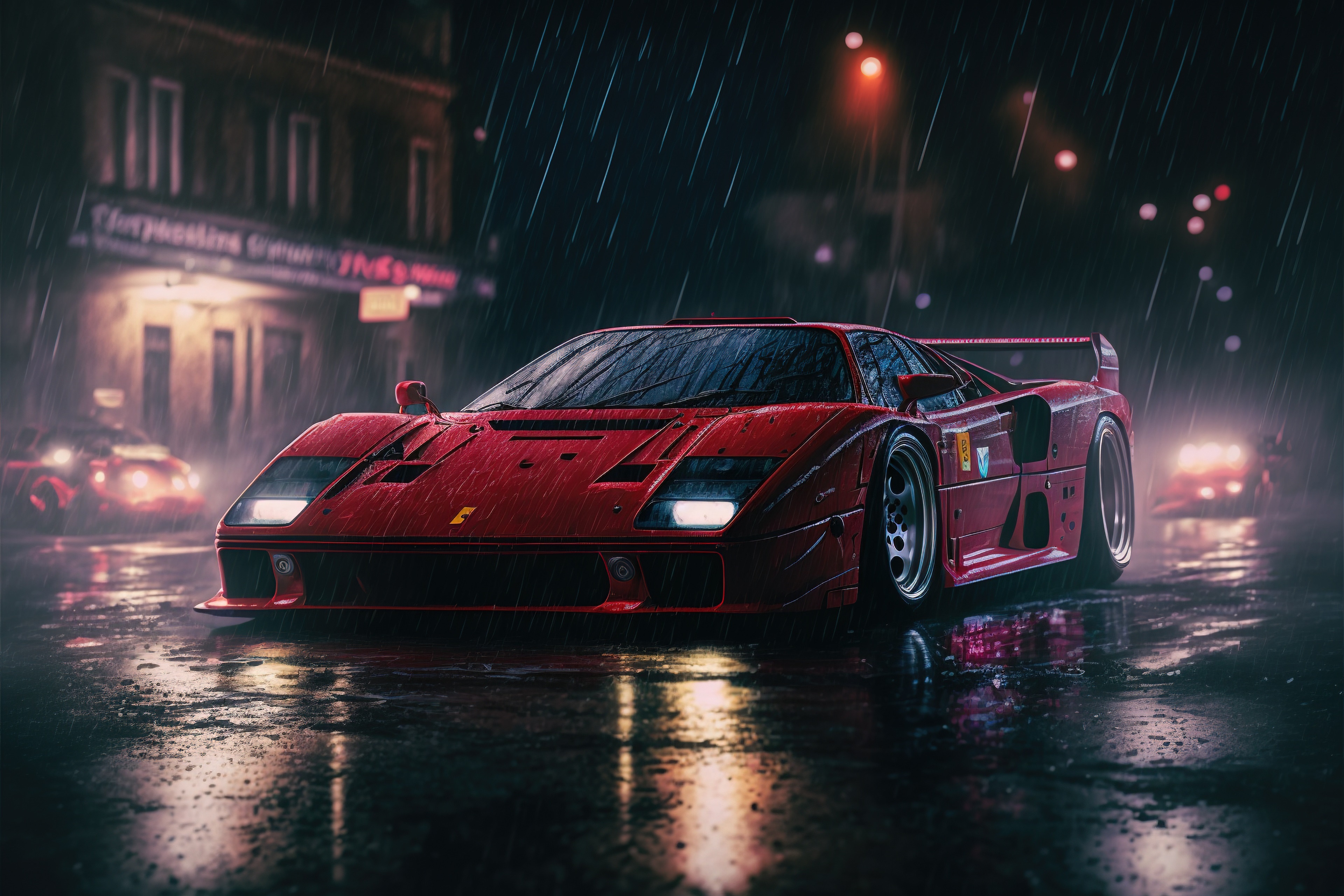 Red Ferrari F40 on a Rainy Street HD Wallpaper