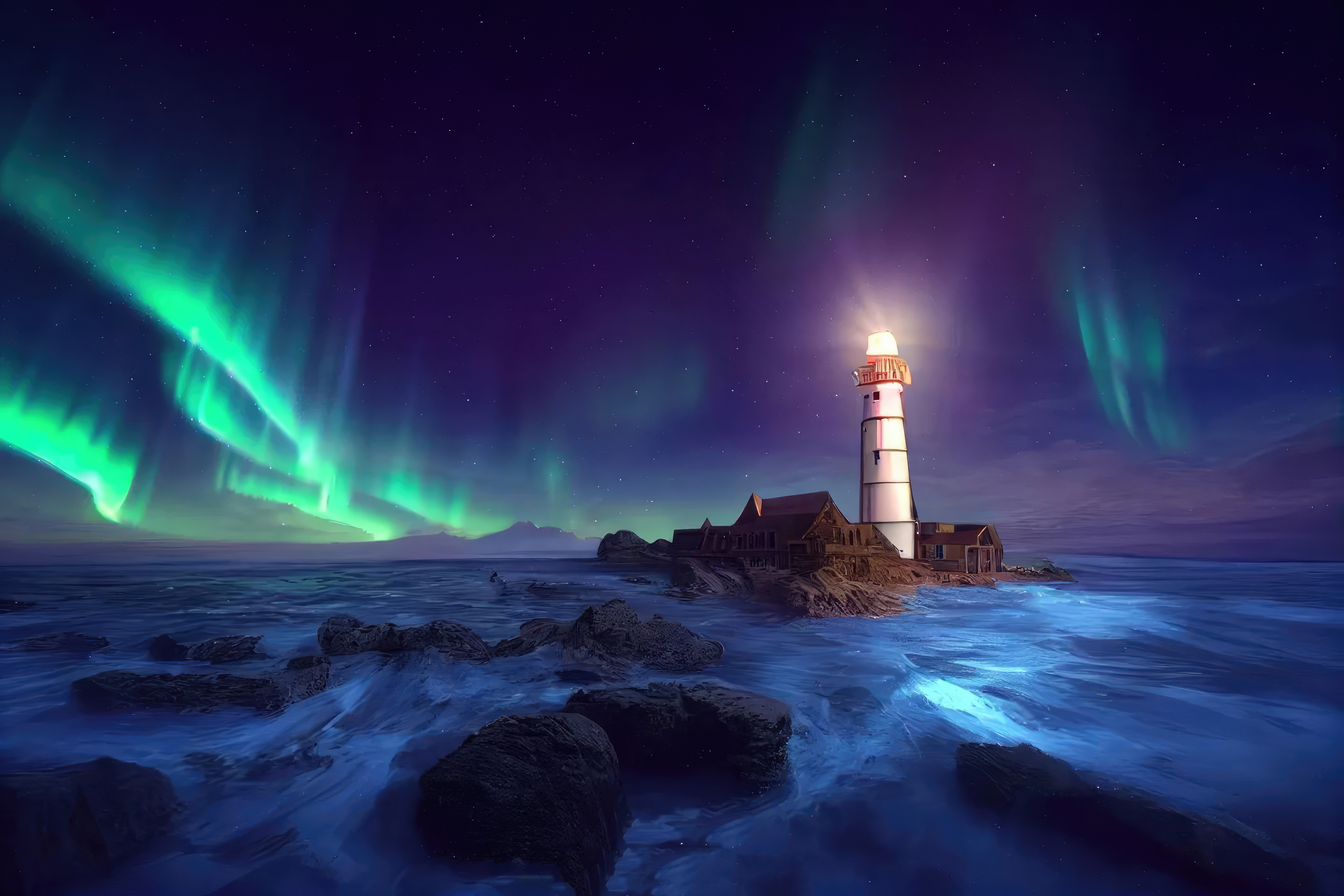 Lighthouse under the Aurora Borealis HD Wallpaper