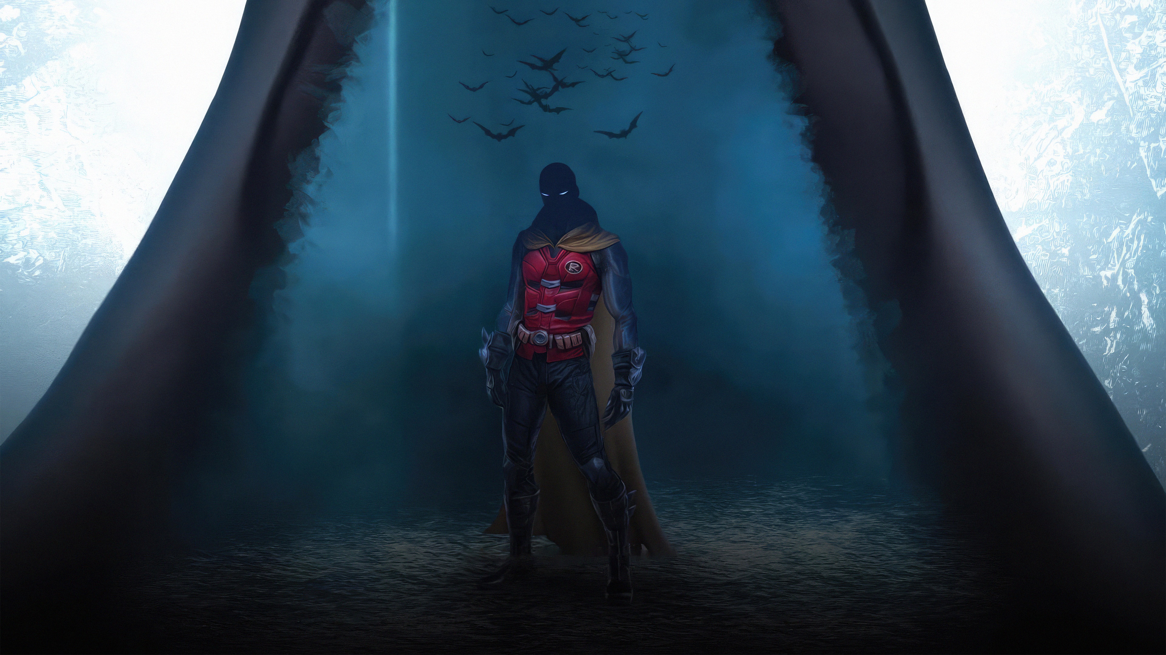 Robin in a dark, misty environment with bats flying HD Wallpaper