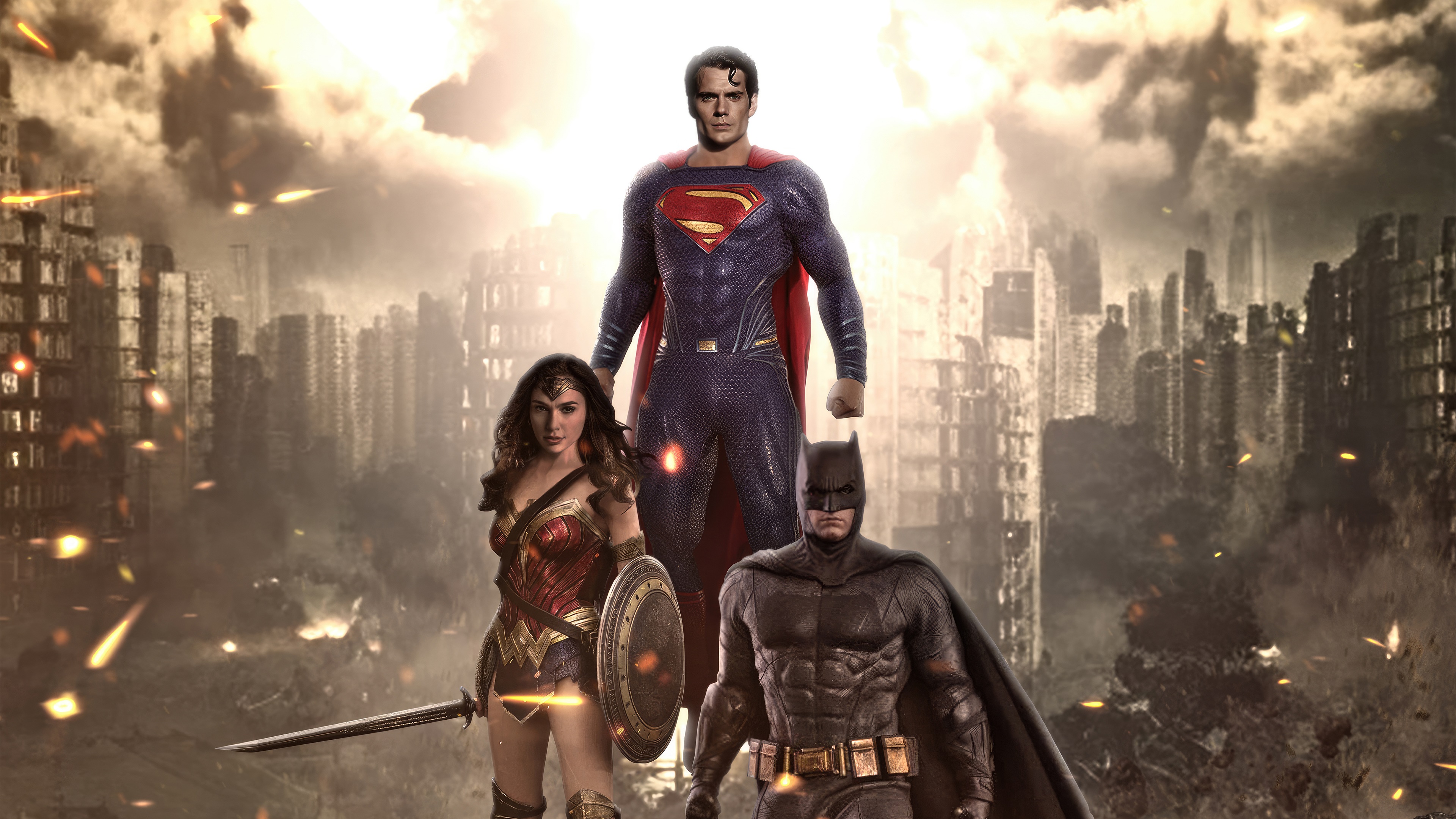 Superman, Wonder Woman, and Batman in a ruined city HD Wallpaper