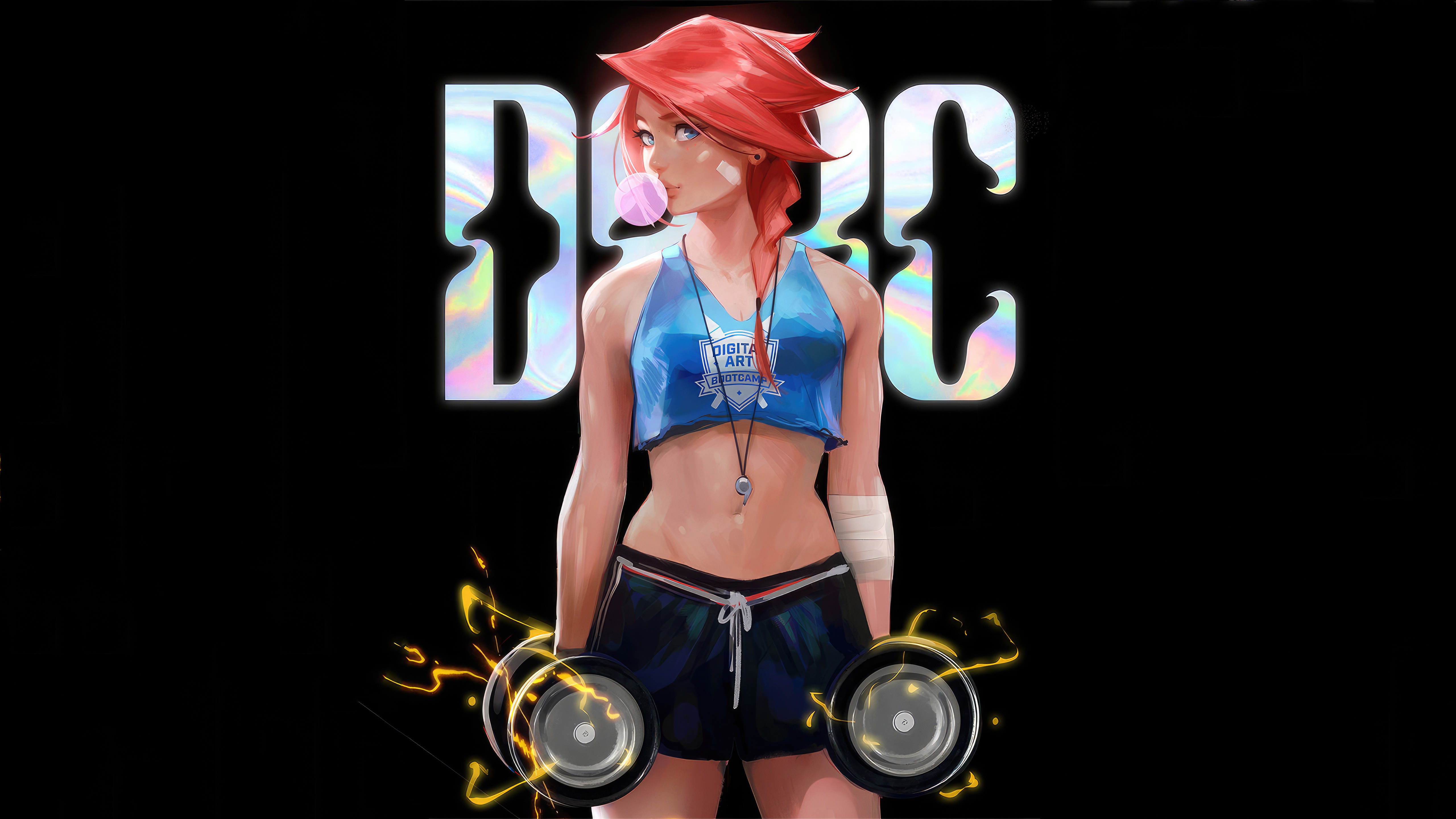 Artwork of a woman with red hair holding dumbbells HD Wallpaper