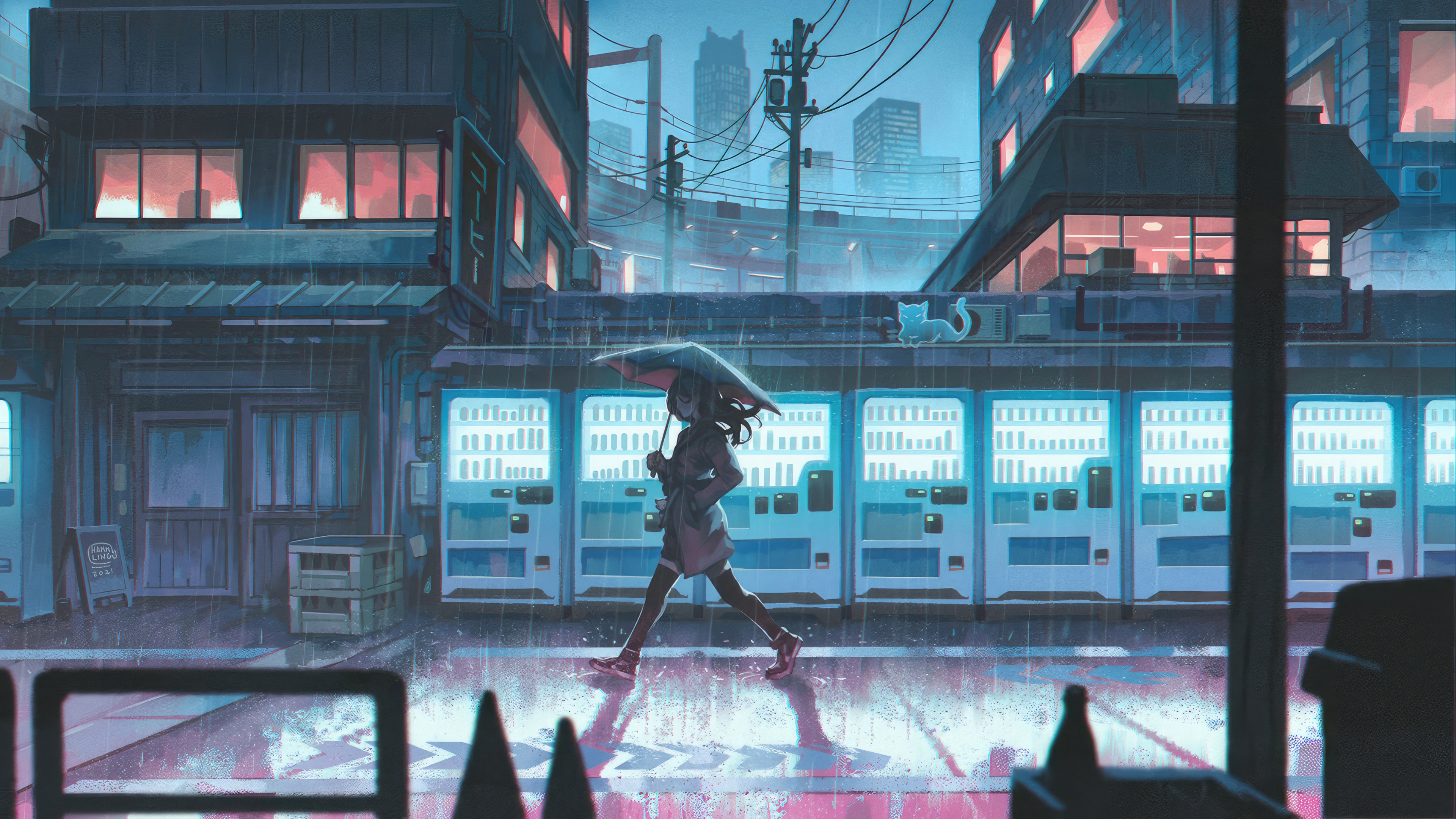 Girl with Umbrella in Rainy City HD Wallpaper