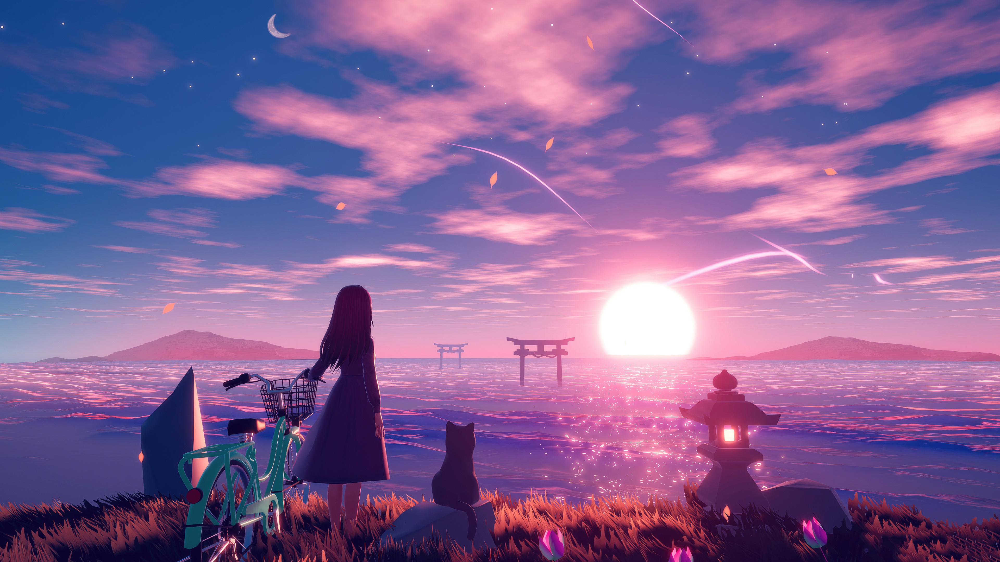 Anime girl and cat watch sunset with torii gates HD Wallpaper