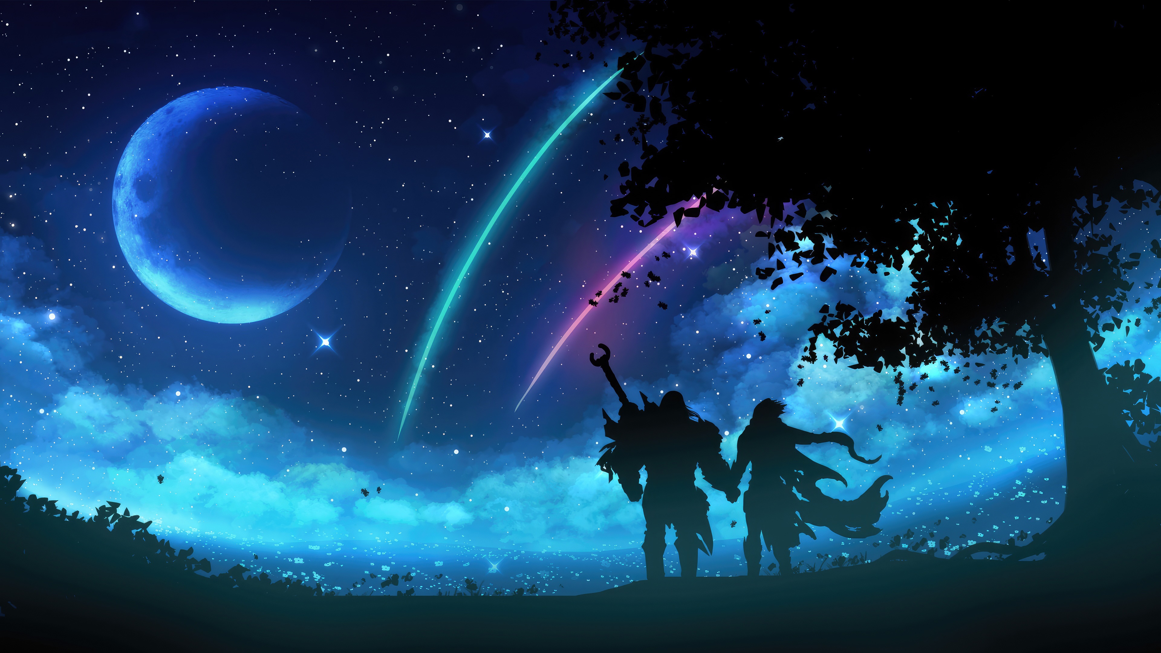 Couple under starry sky with moon and shooting stars HD Wallpaper