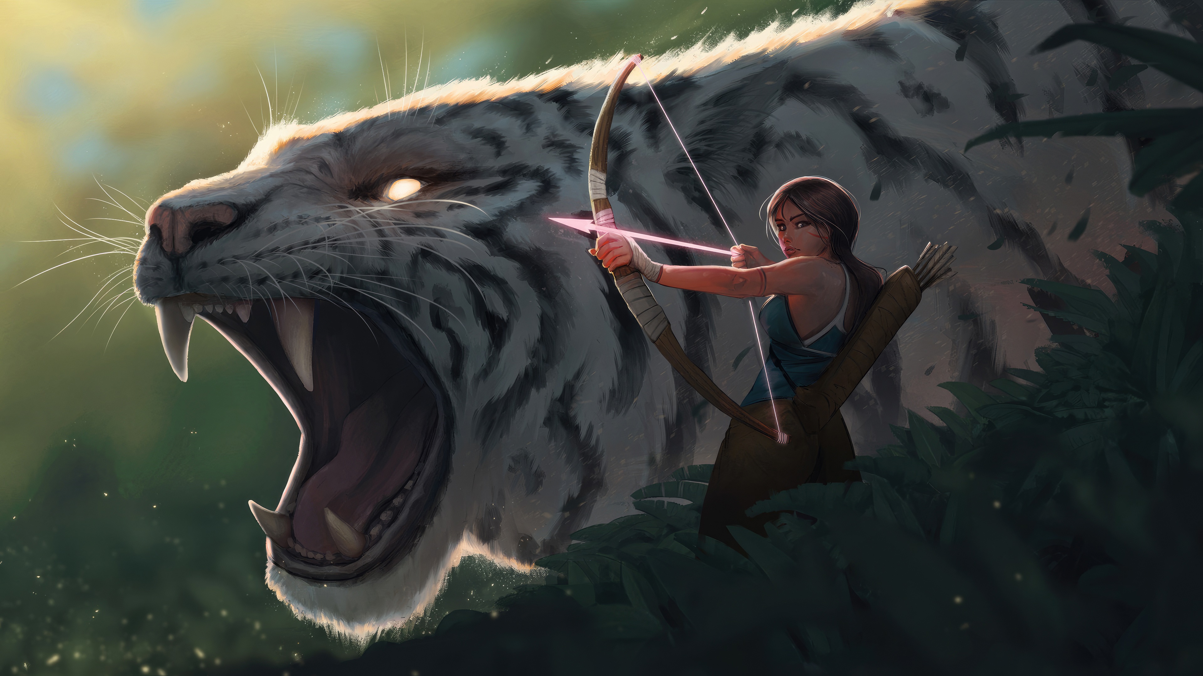 Lara Croft aiming bow at white tiger 4K HD Wallpaper