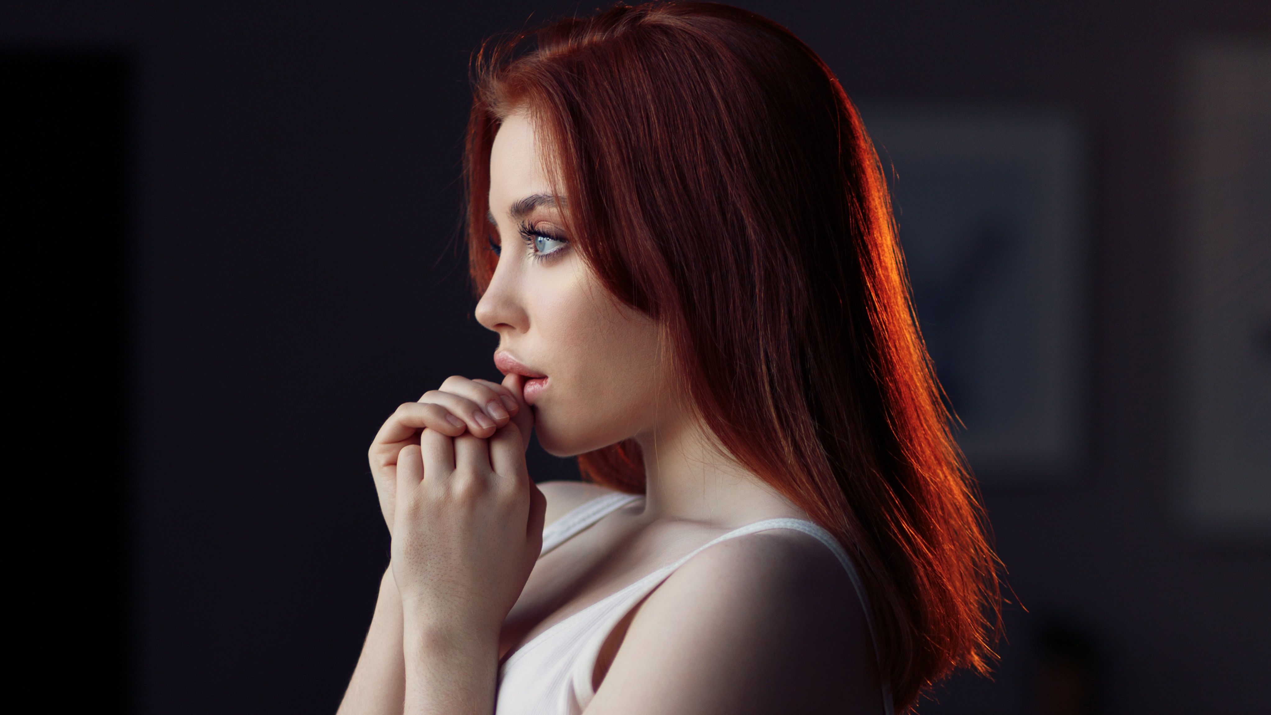 Model with red hair in white top, 4K HD Wallpaper