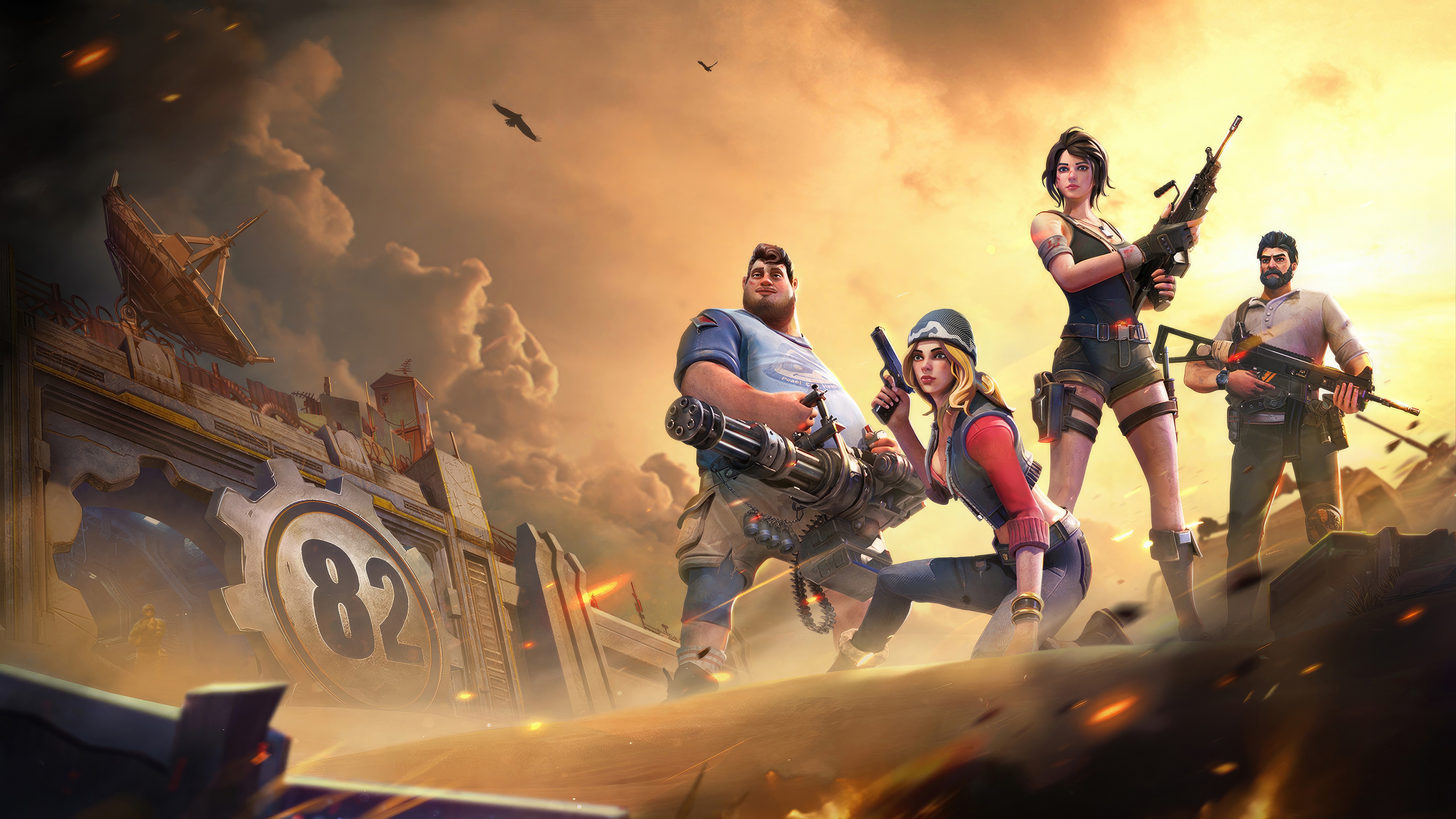 Four characters with weapons in a post-apocalyptic setting HD Wallpaper