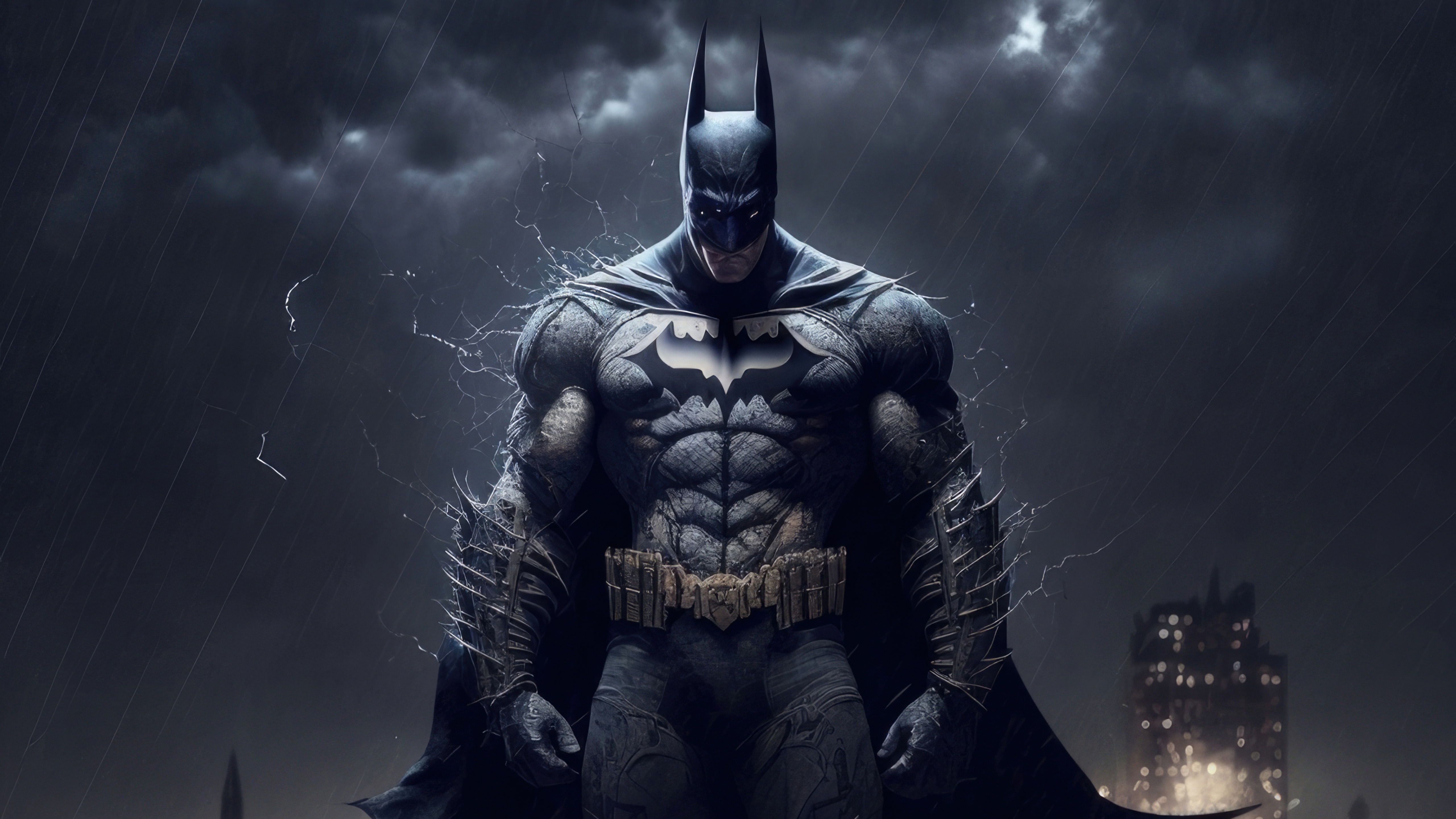 Batman in a stormy city at night HD Wallpaper