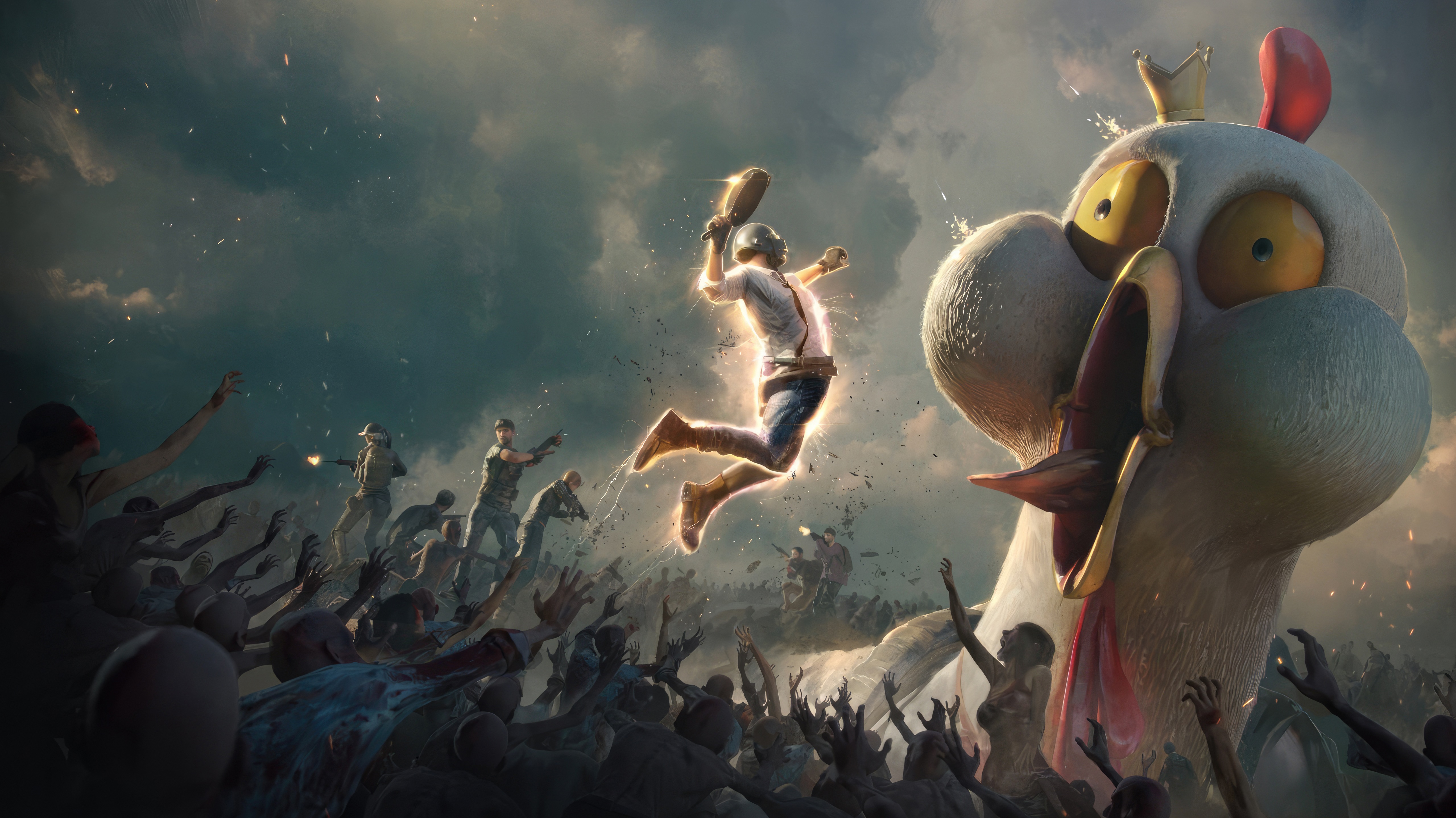 PUBG Player Jumps Over Zombies with Giant Chicken HD Wallpaper