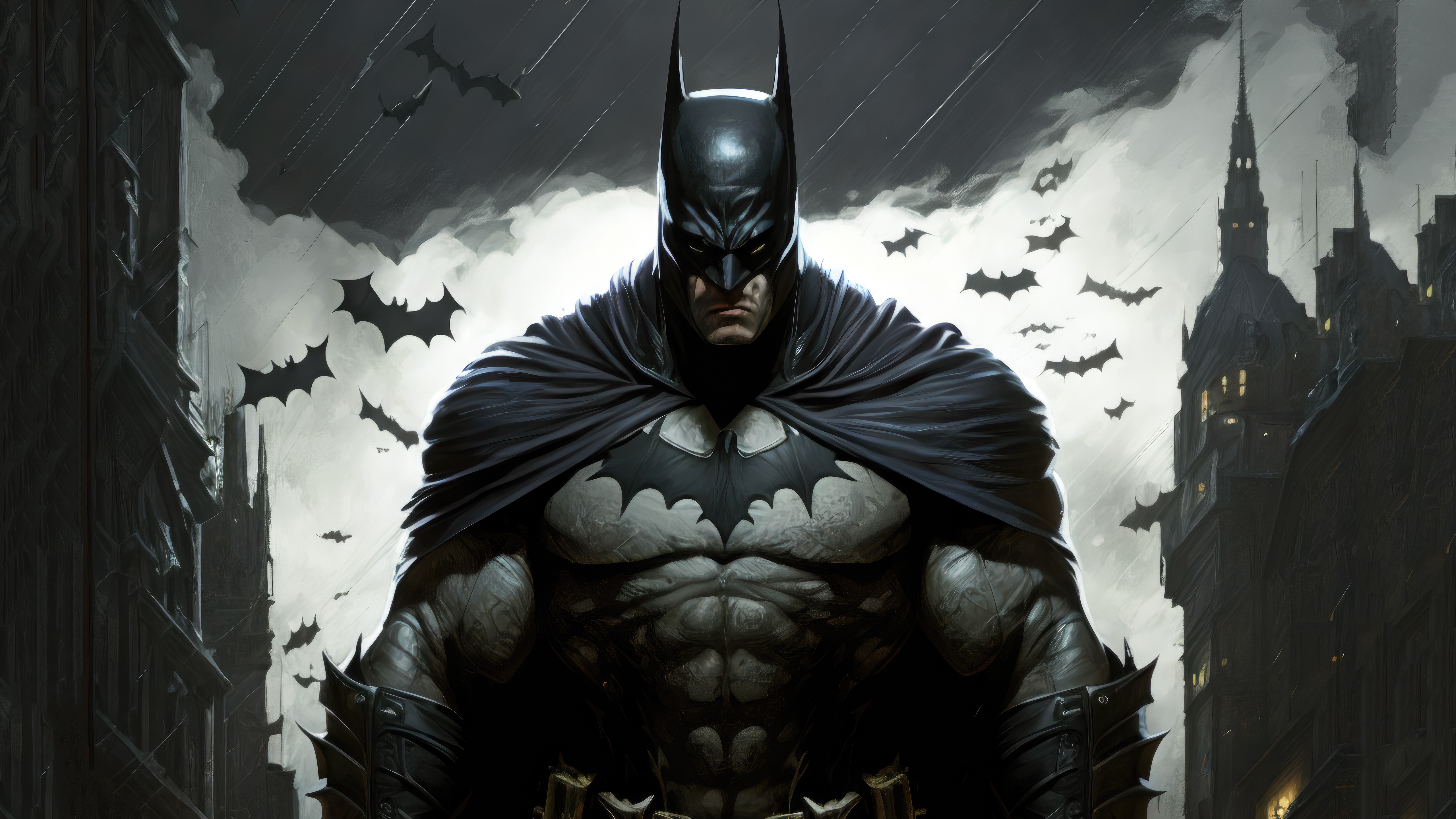 Batman standing in Gotham City with bats flying HD Wallpaper
