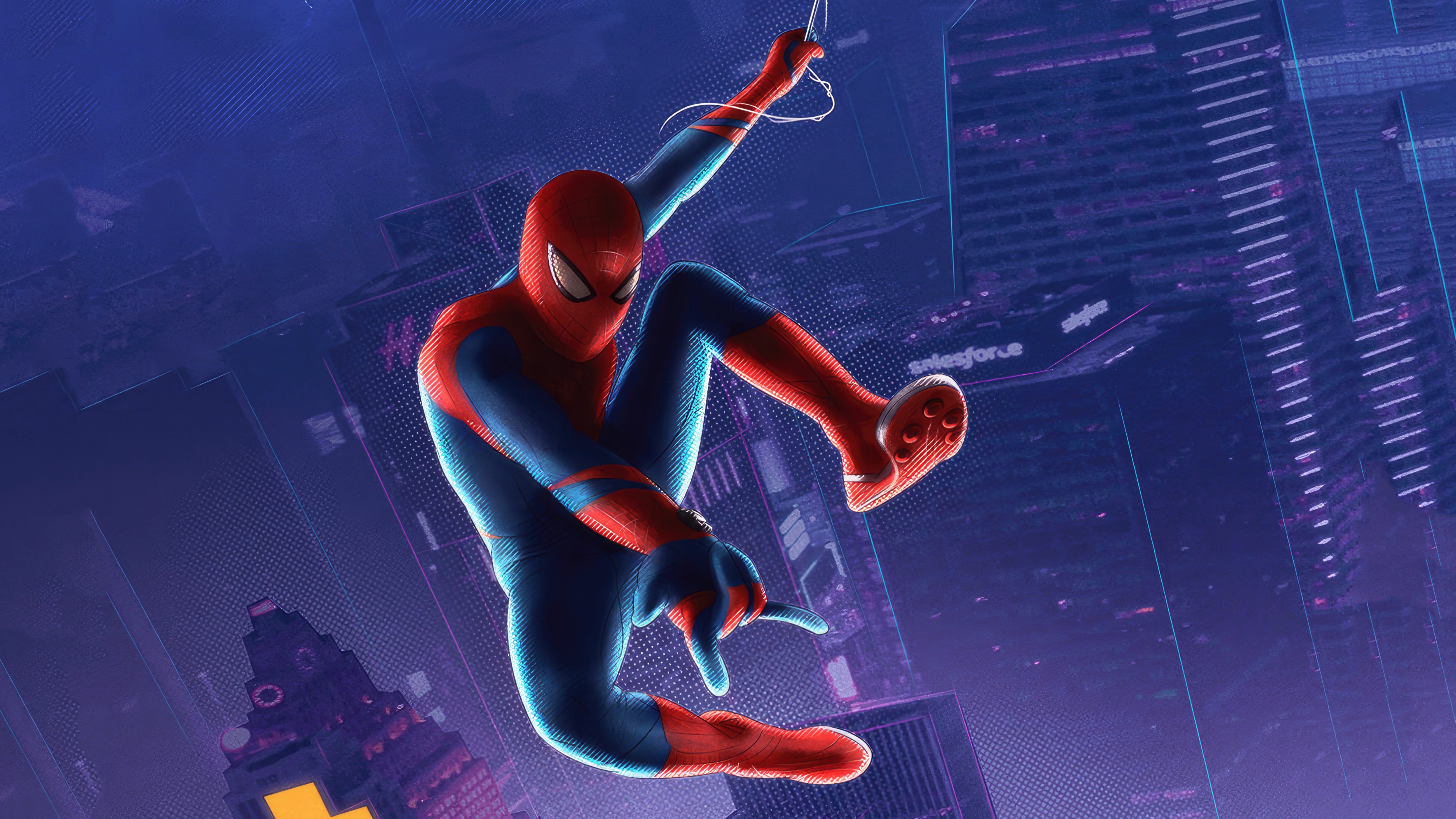 Spider-Man swinging through a futuristic city HD Wallpaper
