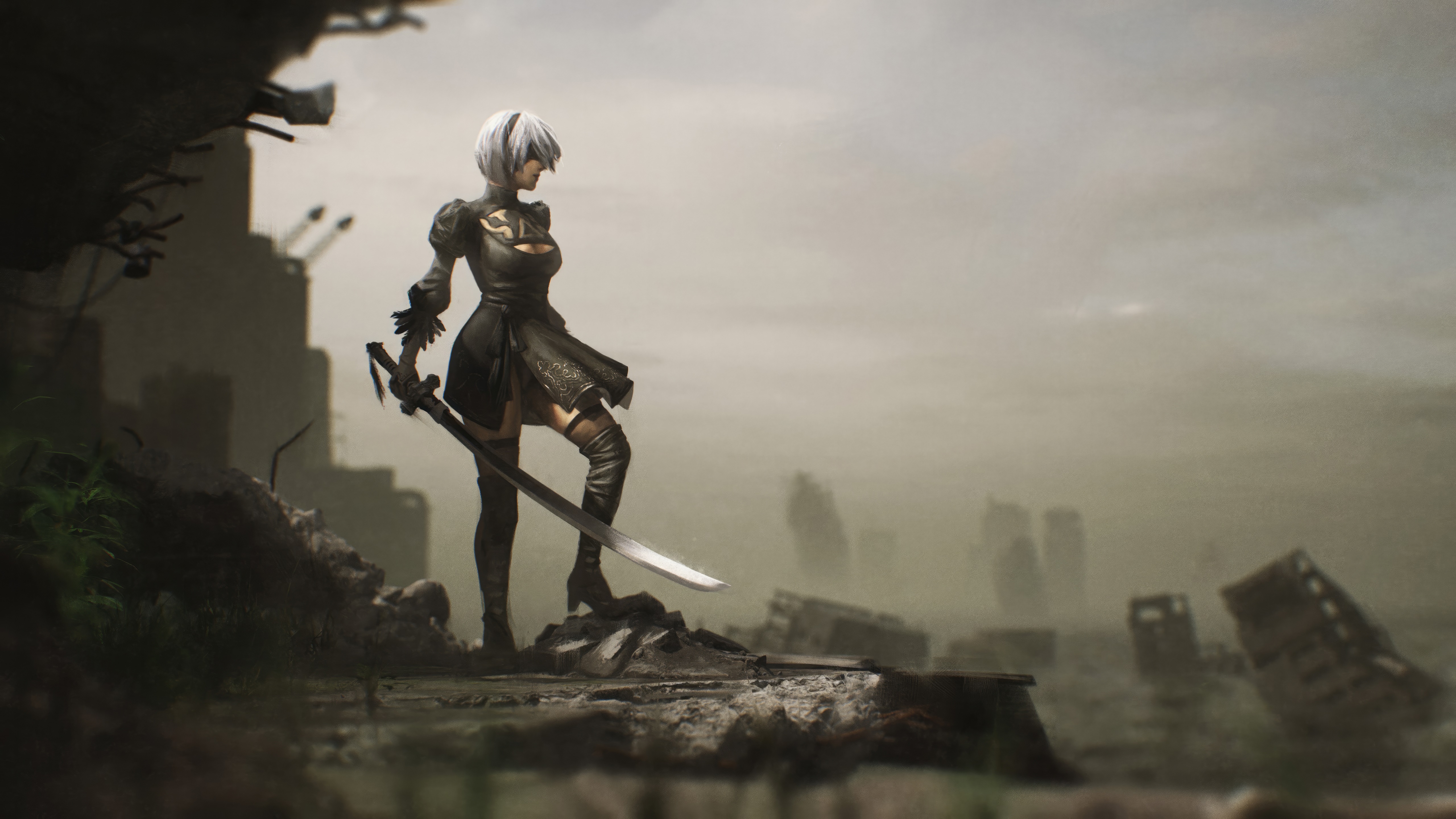 2B from Nier Automata in a ruined city HD Wallpaper