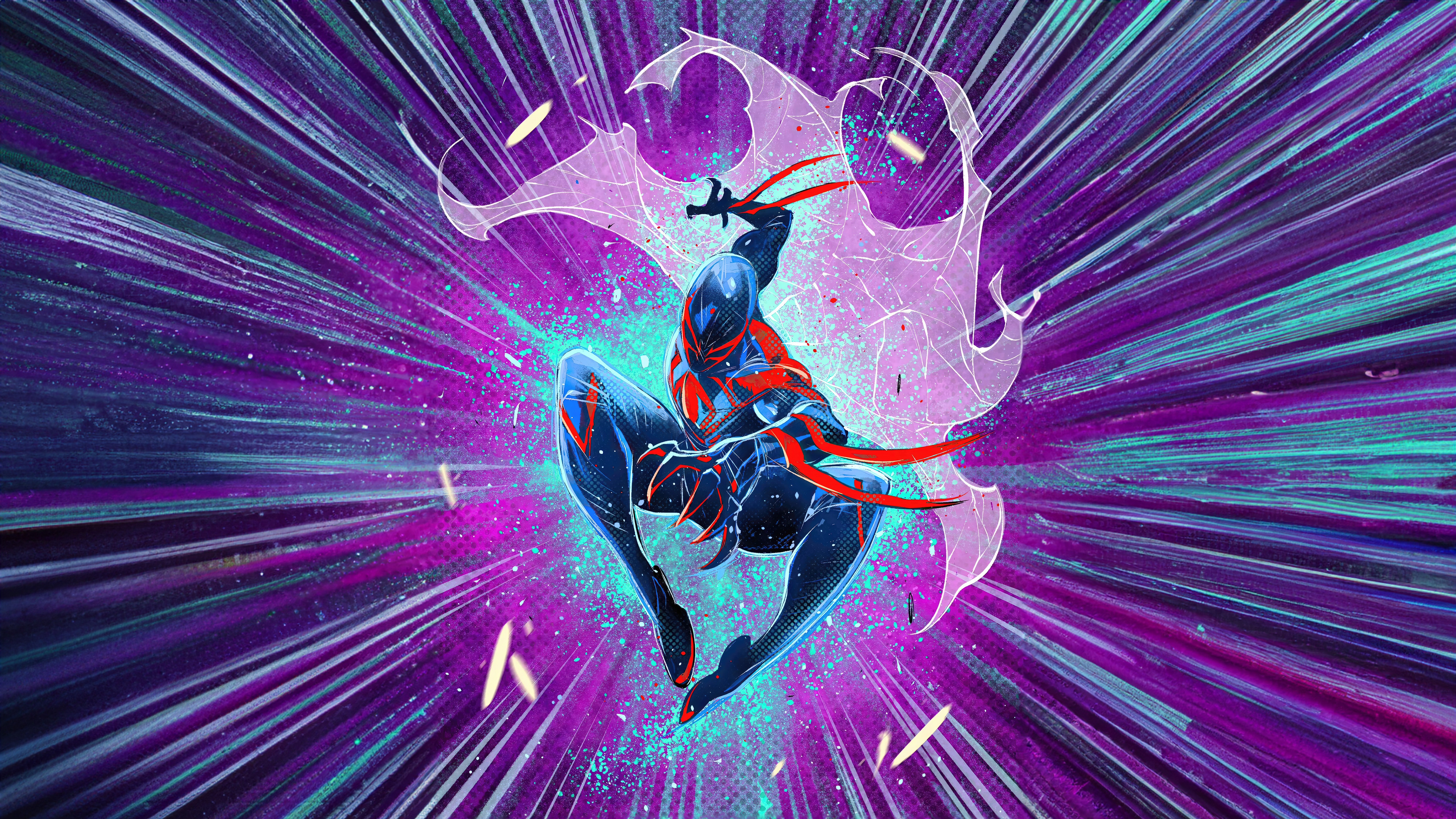 Spider-Man 2099 in front of a purple and teal radial background HD Wallpaper