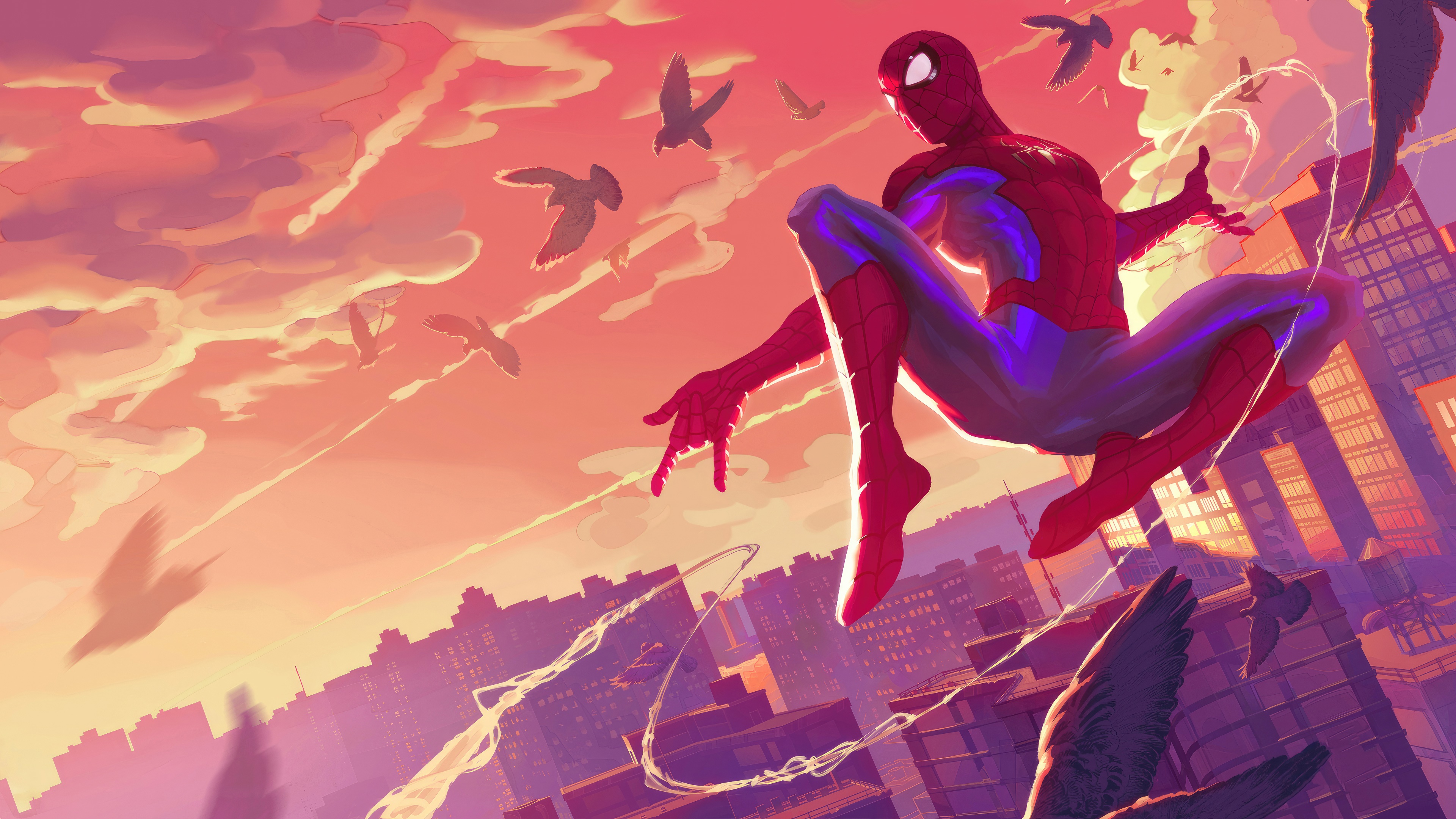 Spider-Man swings through a city at sunset with birds HD Wallpaper