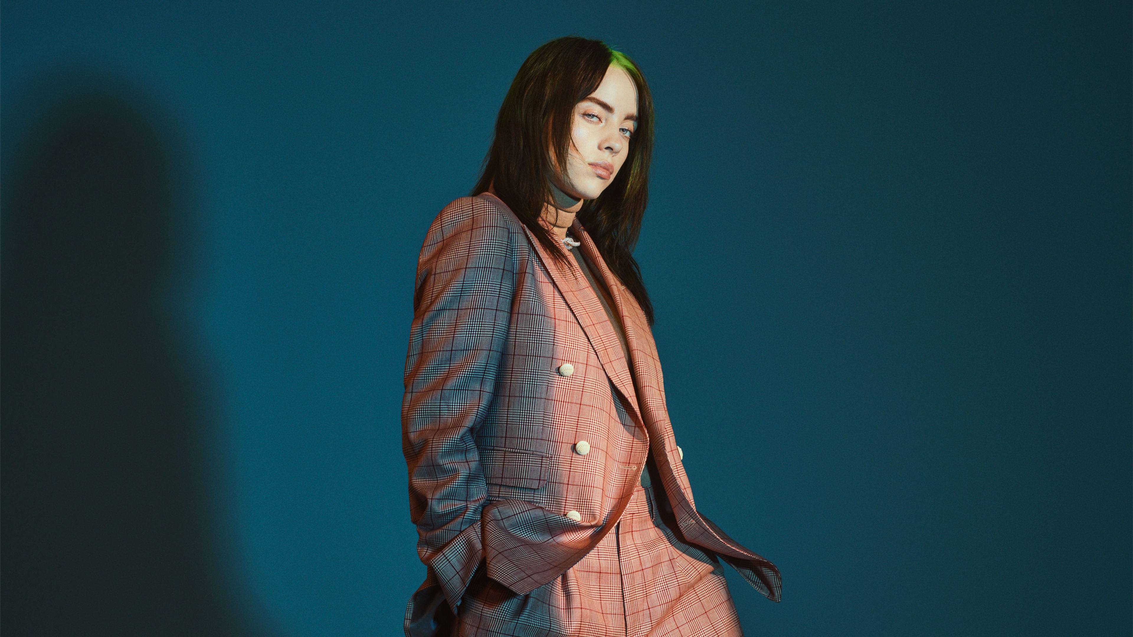 Billie Eilish in a plaid suit HD Wallpaper