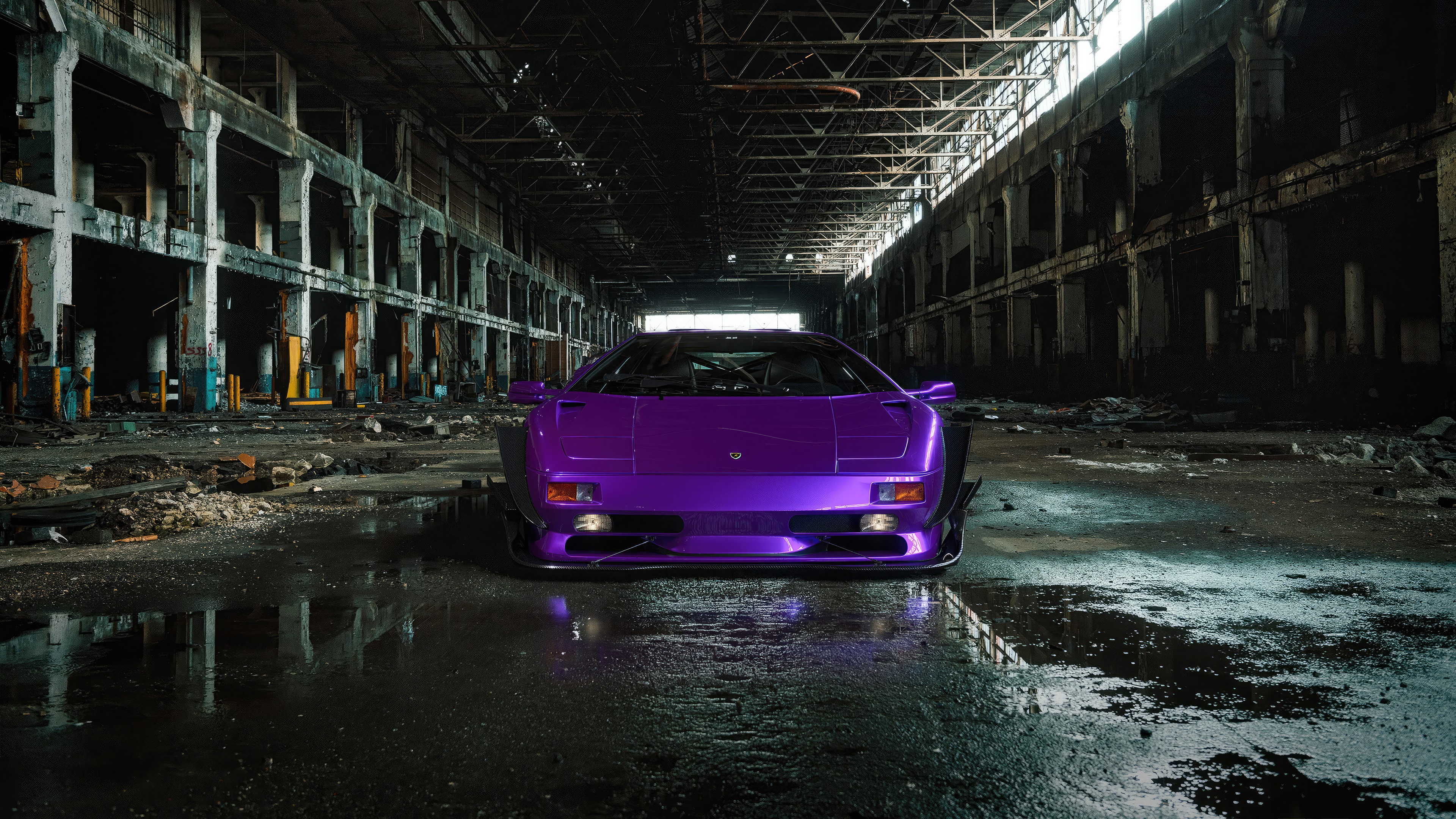 Purple Lamborghini Diablo in Abandoned Factory HD Wallpaper